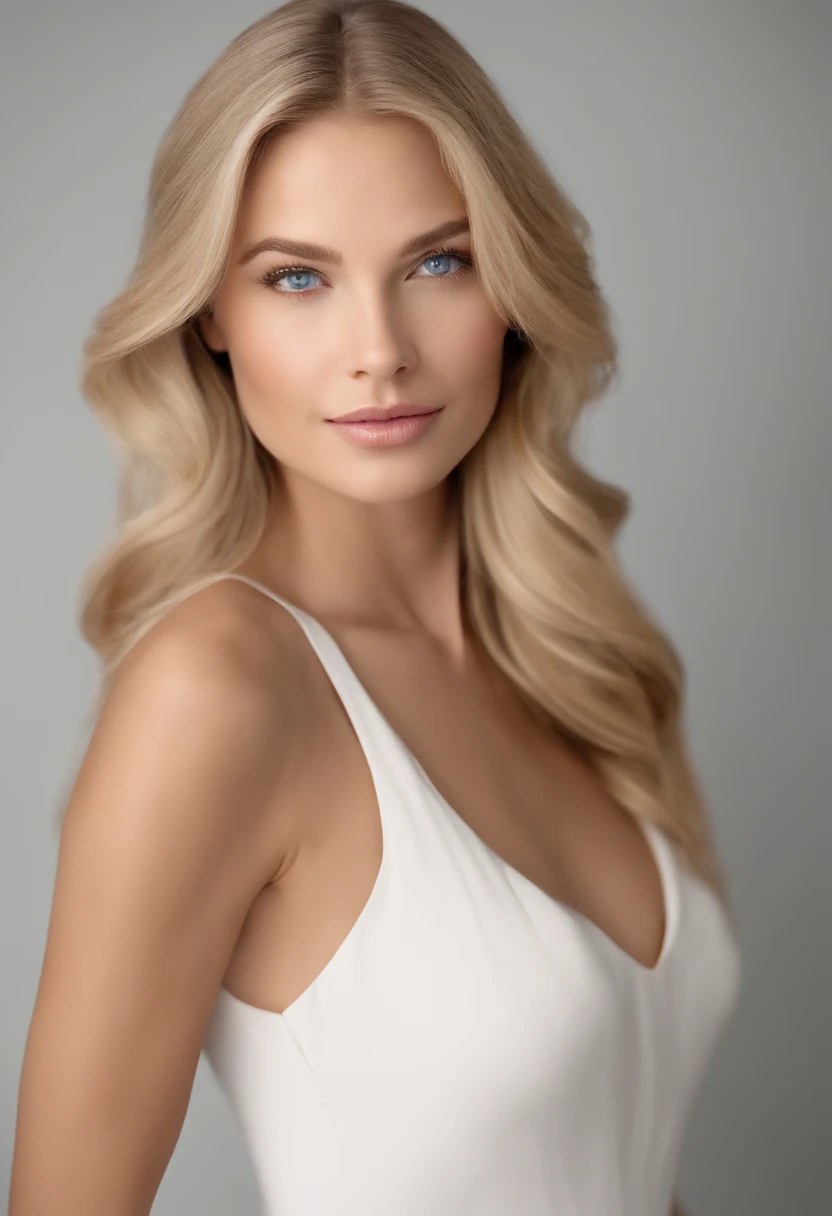 Between 25 and 30 years old, Long smooth blonde hair, straight, and well-groomed, flowing, with slight wave at the ends for a natural touch, Light blue eyes, Fit, with slight curves,
Eyes: Moderately large and expressive, with a subtle emphasis on the upper eyelid, Cheeks: Soft and subtly contoured, Nose: Small and slightly upturned, lips: Naturally plump, with a soft pink hue.