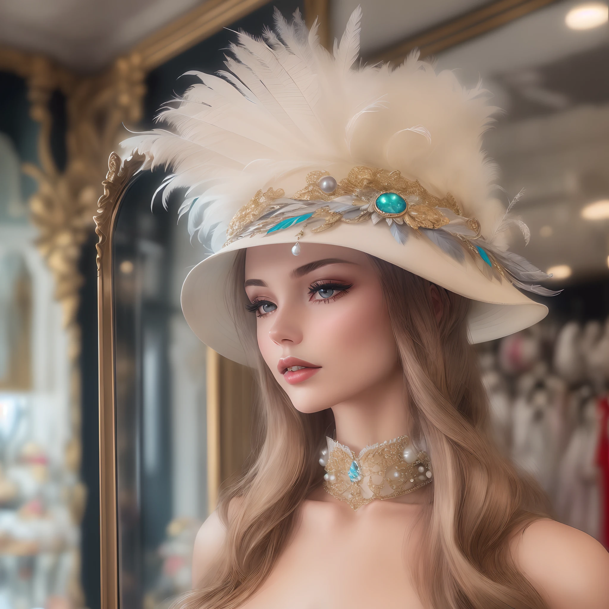 (A luxurious hat),(Best quality,A high resolution:1.2,Ultra-detailed),(Fashionab,Stylish),(Luxuriously decorated with pearls and precious stones),(Expensive,Exquisite),[Minimalist design],(Vibrant colors),(Delicate feather trims),(Beautifully made),(Fine materials),(elegant),(With feathers),(ribbons),(Refined),(with intricate detail),(Unique),(on a mannequin),(In the boutique),(under a spotlight),(With a retro vibe),(Wide brim),(With ribbon),(In the display case),(Different sizes),(Made of straw),(With a bow),(classic),(Elevate any outfit),(luxury brand),(Stunning tiara)
