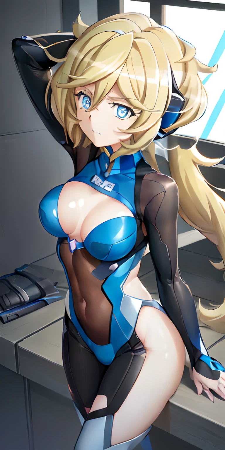 (Overhead view),dynamic angle,ultra-detailed, illustration, close-up, straight on, 1girl, 
 ((carol malus dienheim, interface headset, symphogear bodysuit:1.4, blonde hair, blue eyes)),Her eyes shone like dreamy stars,(glowing eyes:1.233),(beautiful and detailed eyes:1.1),(expressionless,closed mouth),(standing), 
(mechanic room with toolsand spaceship windowin a white SPACESHIP),
(night:1.2),dreamy, [[delicate fingers and hands:0.55]::0.85],(detail fingers),