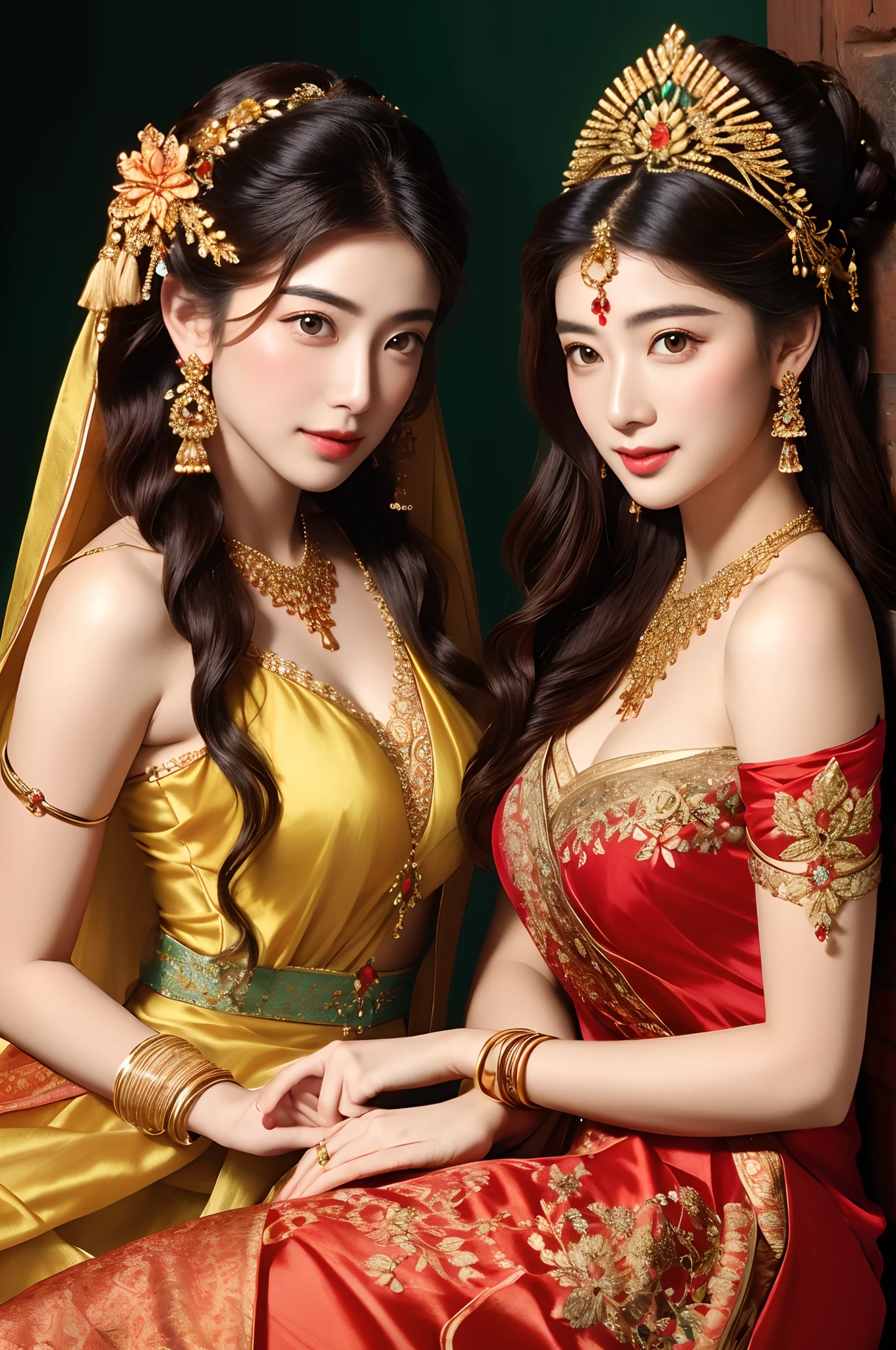 Portraits of two vibrant exotic goddesses,Silk lace,Embroidery,armlets, bangle:1.3,Ancient hair accessories,