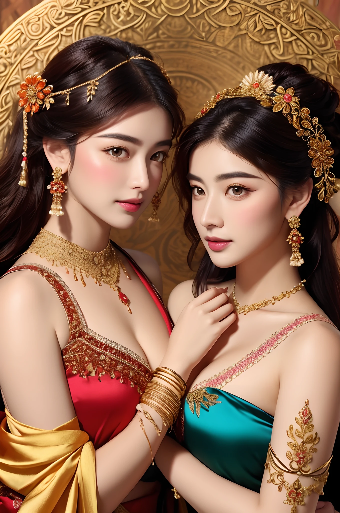 The proportions are the same for all races, All faces and pictures must be different,Portraits of two vibrant exotic goddesses,Silk lace,Embroidery,armlets, bangle:1.3,Ancient hair accessories,