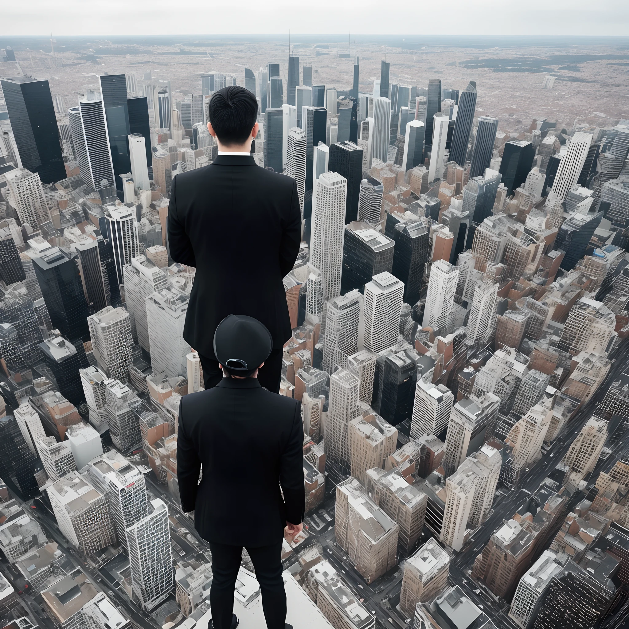 A man dressed in black, standing on top of a tall building, looking down at the city