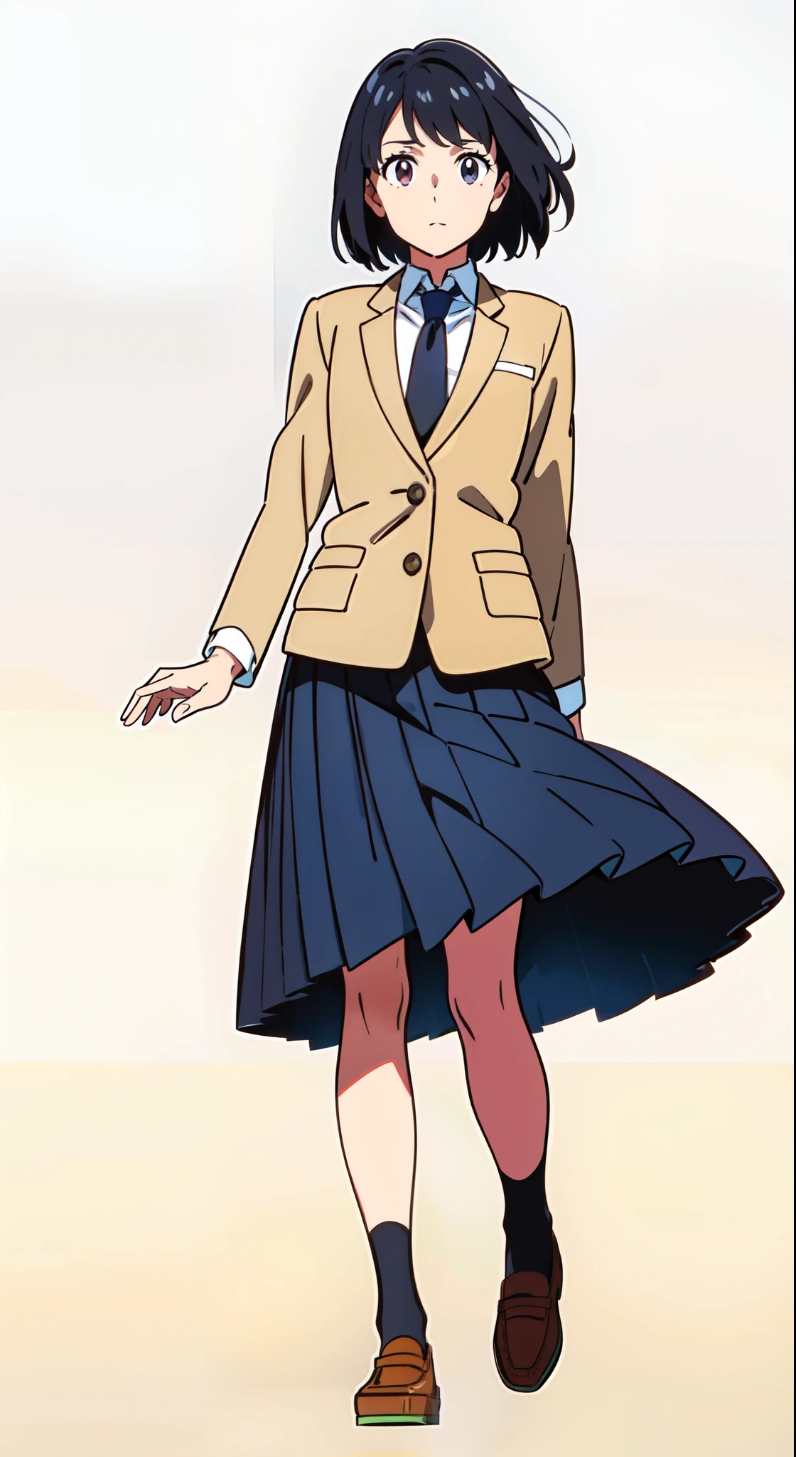 (white background:1.3), (standing:1.2), (looking at viewer:1.2), (wind:1.2), (best quality:1.1), (masterpiece:1.1), (full body:1.0), (solo:1.0), (a 18yo cute girl:1.0), (long skirt:0.9), (dark blue skirt:1.0), (pleated skirt:1.0), (school uniform beige blazer:1.0), (dark blue necktie:1.0), (black socks:1.0), (loafers:1.0), (lanky:1.1), (tall:1.1), (slender:1.1), (small breasts:1.1), (detailed beautiful eyes:1.0), (detailed beautiful face:1.0), (glowing black eyes:1.0), (short hair:1.0), (strait hair:1.0), (black hair:1.0)