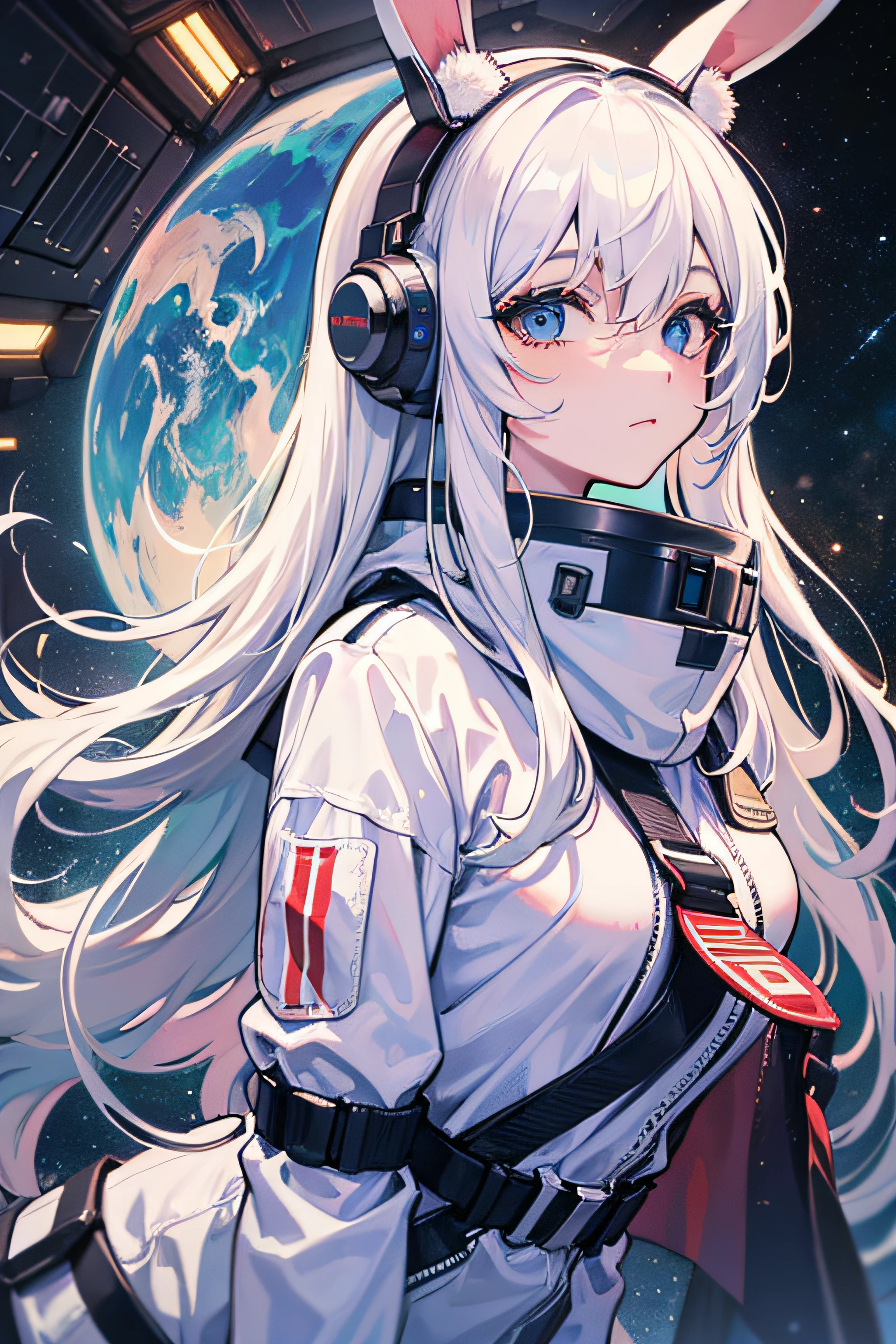 ((best qualtiy)), ((tmasterpiece)), ((ultra - detailed)), (illustratio), (Detailed light), (Extremely refined and beautiful), ((A cute girl with rabbit ears sits inside a spaceship and looks out the window:1.2)),((cowboy lens)), standing on your feet, Stylish white sweatshirt, Stylish white sports trousers, (beautidful eyes), long white hair, colored inner hair,(A spaceship cockpit full of technology), outerspace, milky ways, negative space, Detailed background