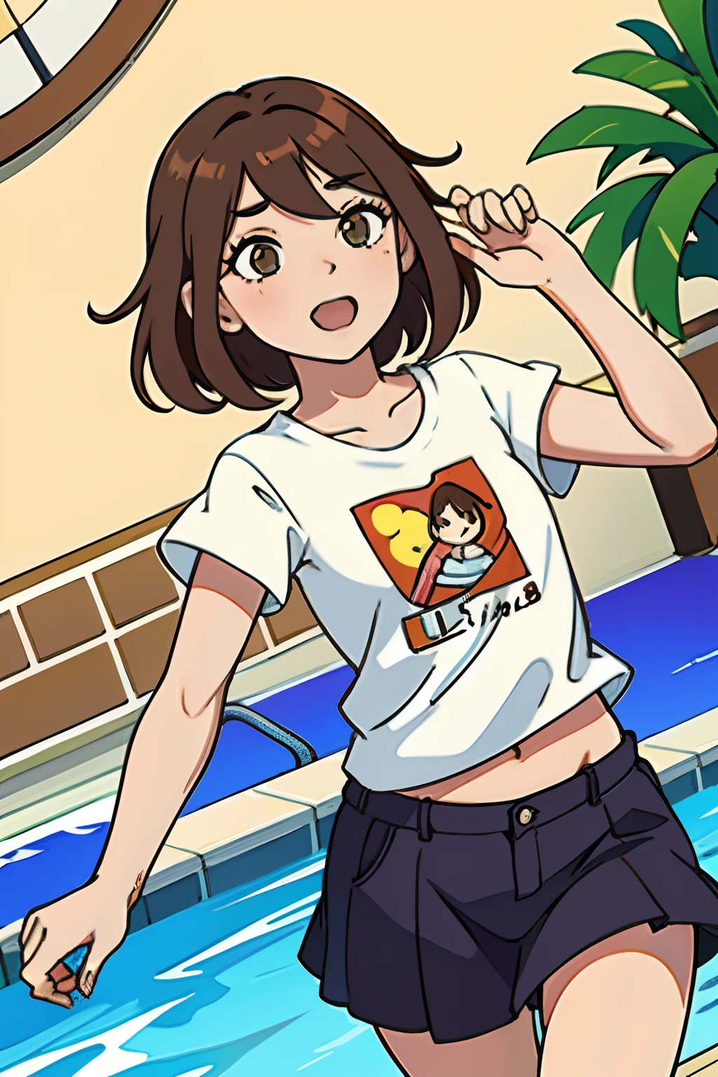 ,La mejor calidad ,pelo largo  , Caucasian anime girl max caulfield ,ojos grandes , , brown hair , feliz , , piel suave, , ojos expresivos , , , Camiseta roja , pollera corta , pool