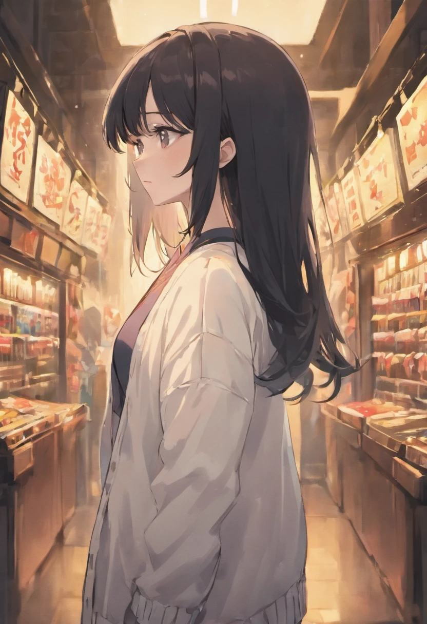 Girlfriend with straight black hair、White cardigan、Rear view