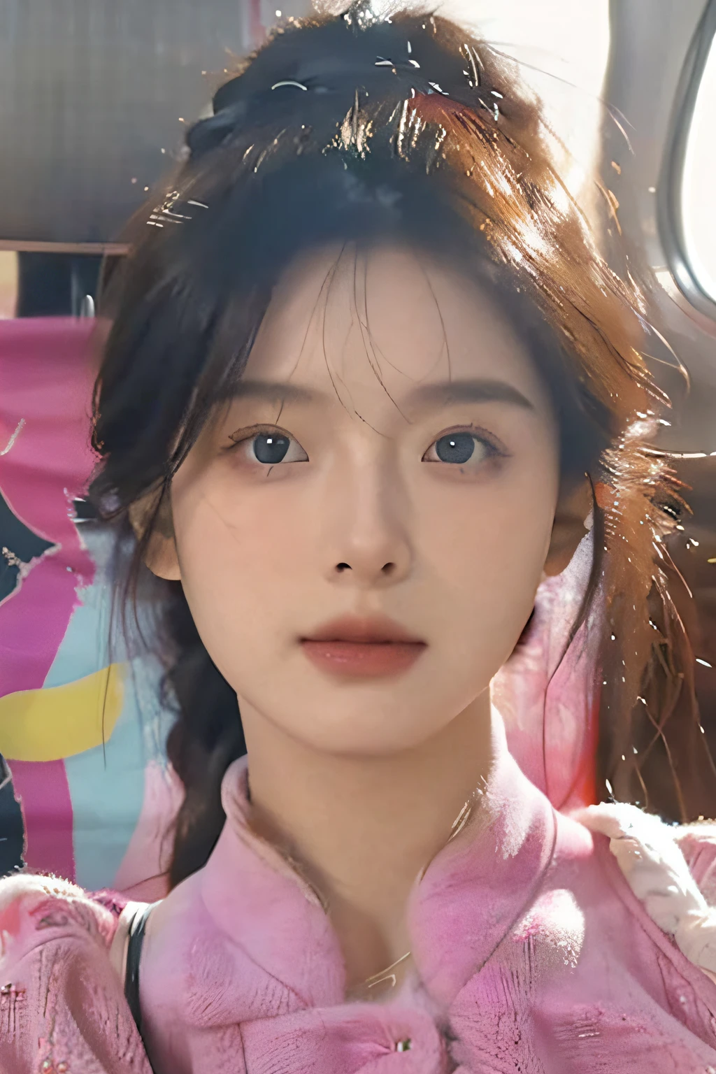 2K high-quality masterpiece, ultra-high resolution, (photorealistic:1.4), original photograph, (realistic skin texture:1.3), (film grain:1.3), (selfie angle), 1 girl, pink clothing, sapphire-colored eyes and beautiful facial details, masterpiece, high-quality, close-up shot, on a plane, flowers