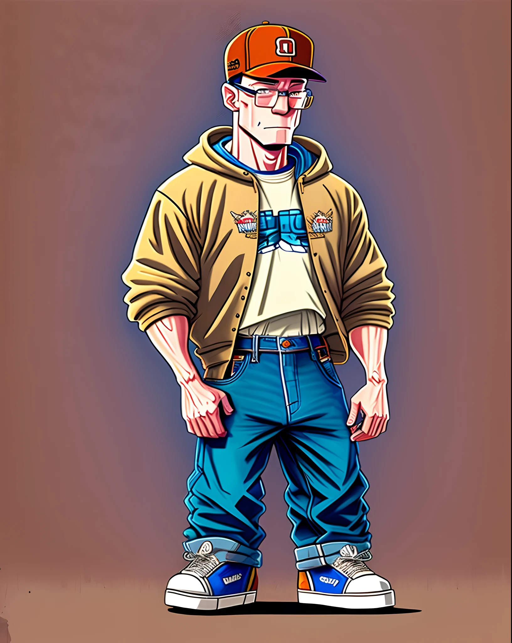 Hank Hill drawn in the style of King Of The Hill wearing JNCO Jeans, a hoodie, and a sideways baseball cap, holding a skateboard