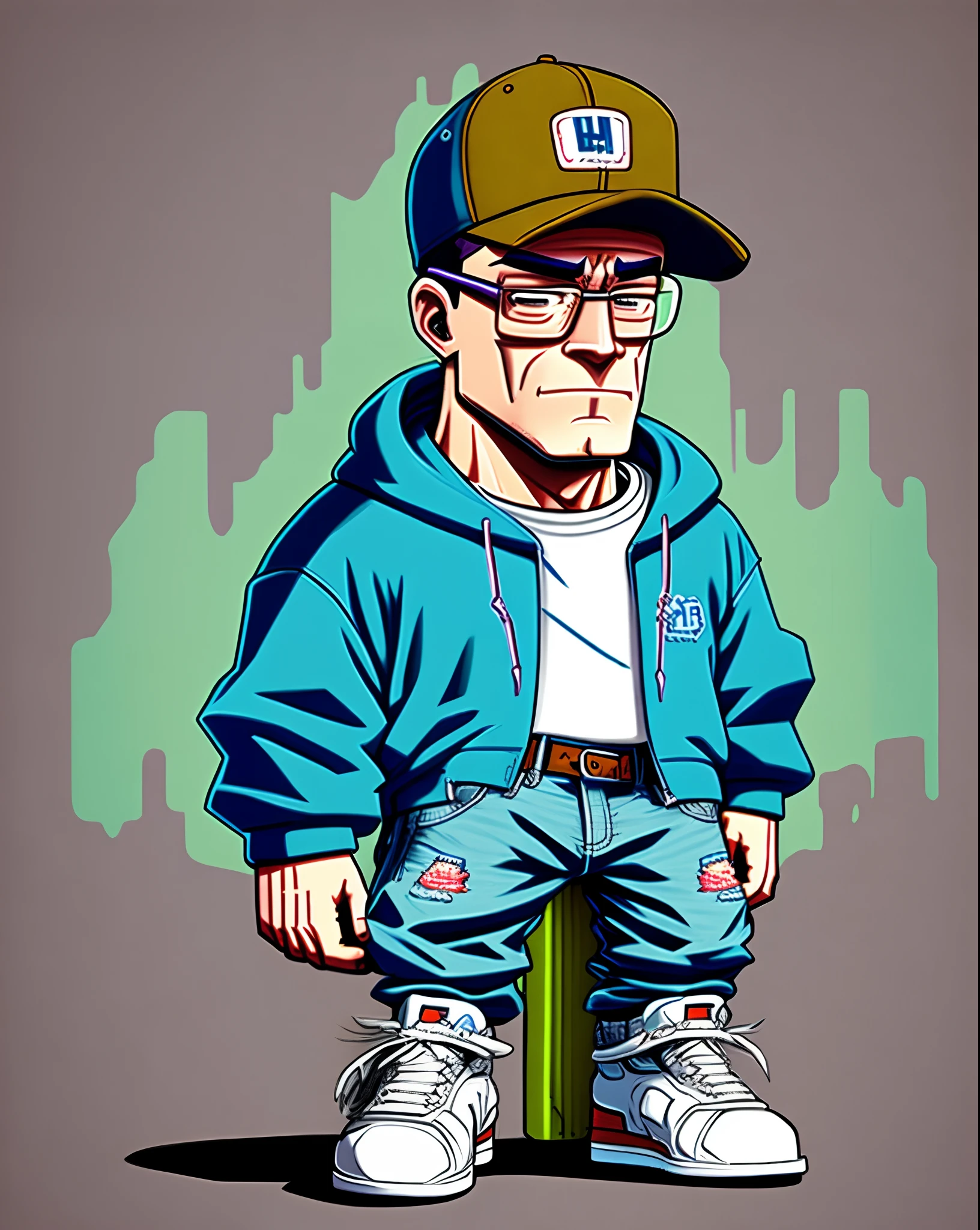 Hank Hill drawn in the style of King Of The Hill wearing JNCO Jeans, a hoodie, and a sideways baseball cap, holding a skateboard