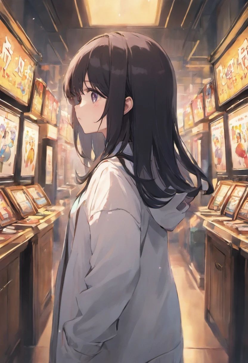 Girlfriend with straight black hair、White cardigan、Rear view