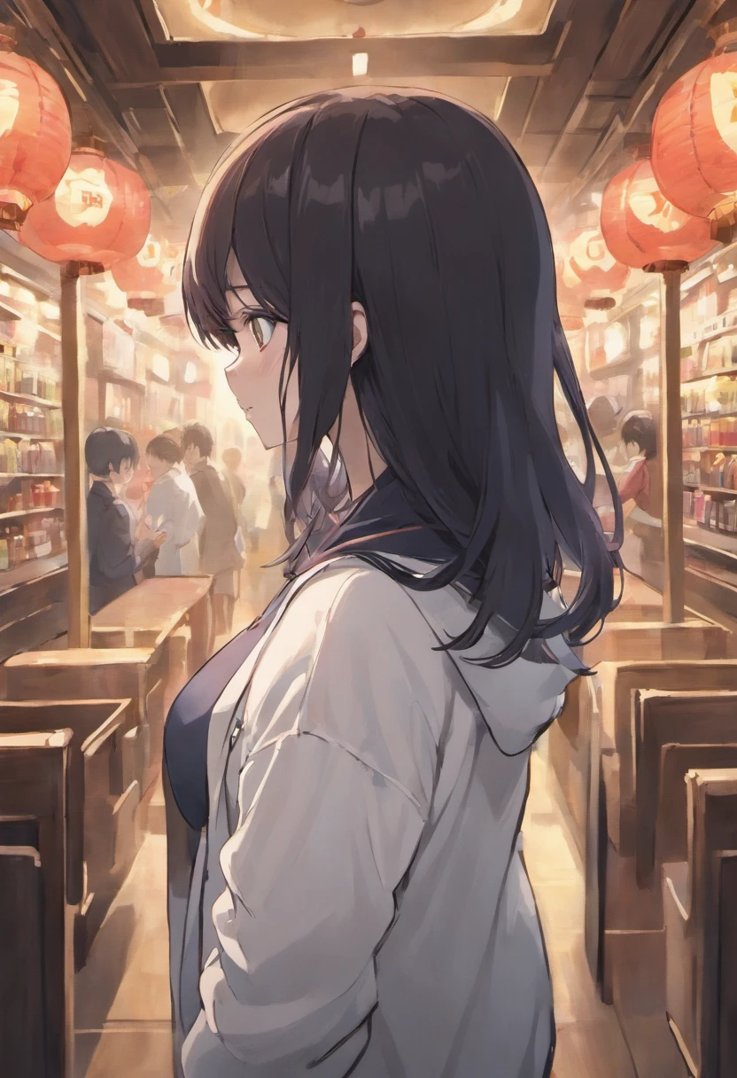 Girlfriend with straight black hair、White cardigan、Rear view