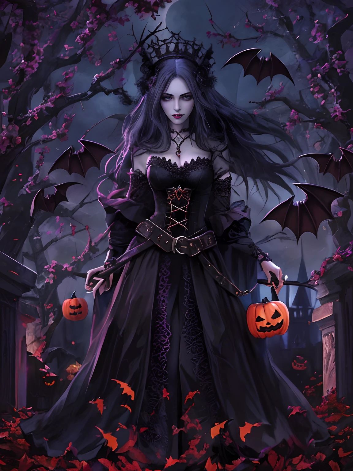 halloween night,Big breasts and big breasts ,Red Moon,the bats,Strange branches,A queen in a black dress stands in front of the castle,pumpkins, lovely dark autumn princess, Dark Gothic Girl, beautiful vampire queen, Gothic girl, gothic fantasy art, beautiful vampire queen, dark fantasy style art, fashionable dark witch, Beautiful witch, dark fantasy art, Wonderful black magic, Sinister witch witch, scary queen of death, Masterpiece:1.2, Ultra-detailed, Realistic:1.37, High-res, Vivid colors, Studio lighting, Black and purple tones, Dramatic lighting"