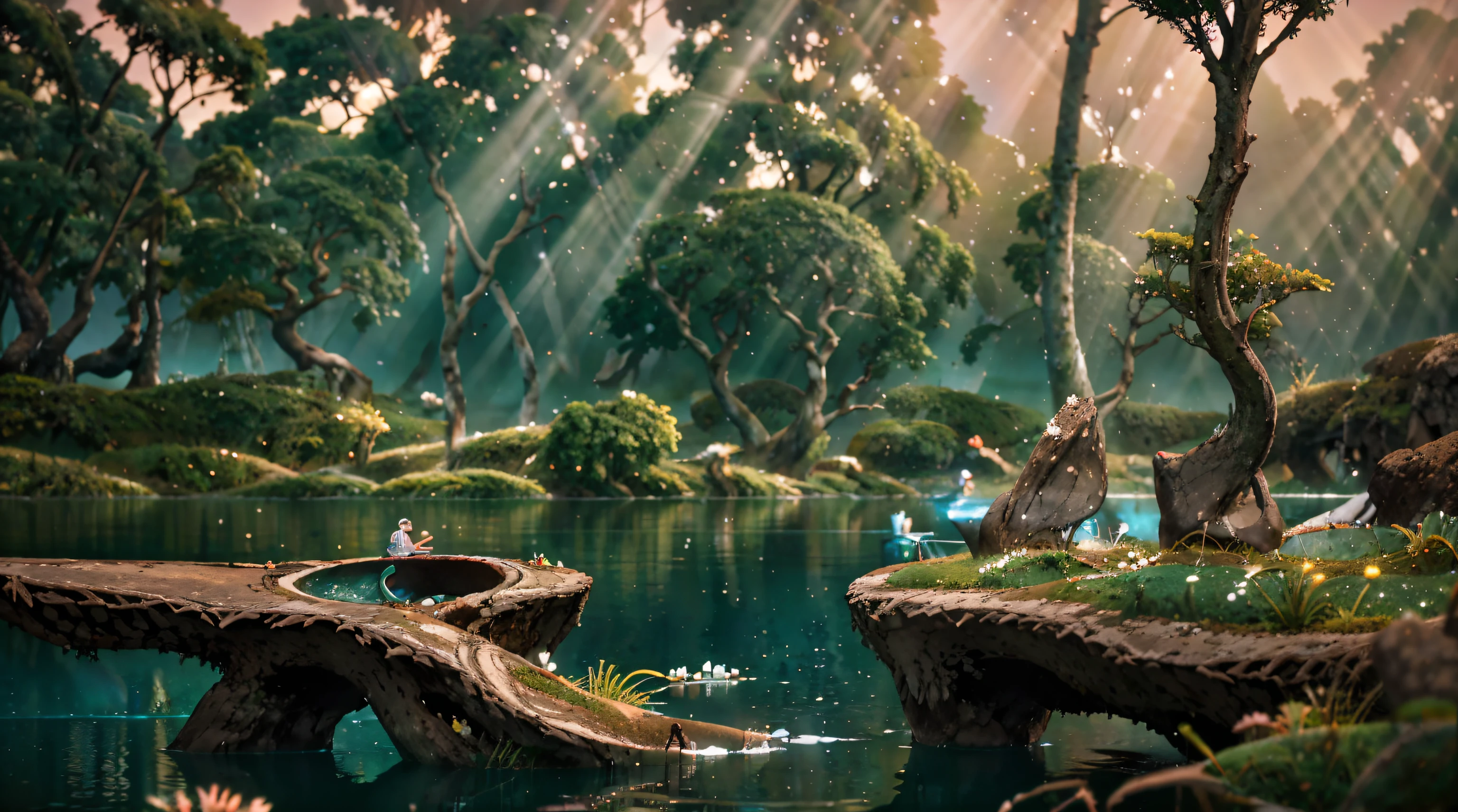 Imagem de uma montanha de gelo, com arvores em baixo e um lago, uma fogeuira na beira do lago, foto realista, raytracing, agua como espelho, 8k, fim de tarde, por do sol, grama verde, arvores sakuras.