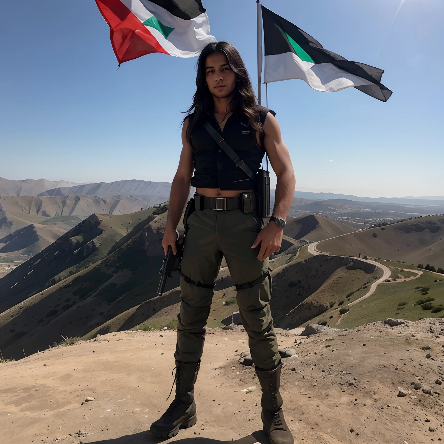 A young Palestinian soldier with shoulder length hair is standing on top of a mountain with a short gun in his hand and a Palestinian flag in one hand and a short gun in the other hand with blood colored boots and black hair with a six pack. The buttons of the shirt are slightly open at the front
