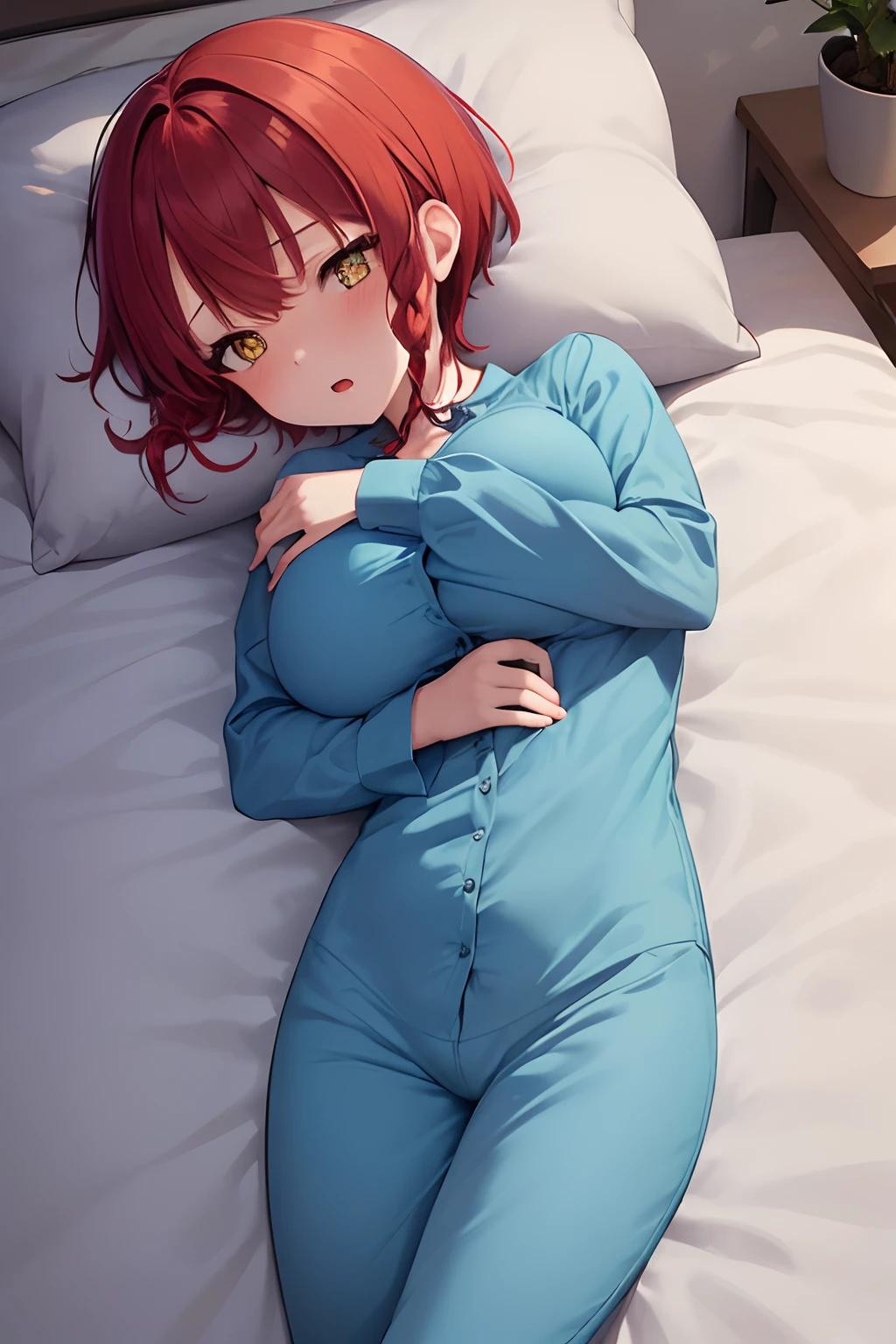 //quality, masutepiece, Best Quality, High resolution, Super Detail, //Base, Alone, Cute, girl, Short stature, Big breasts, girl, (: 1.3), //hair, (Red hair: 1.3), (short hair braids: 1.6), Braided hairstyle, Double-sided, // Face, (Yellow eyes: 1.3), symmetric clear eyes, (blush: 1.2), (Open mouth: 1.8), Gentle expression, / /Body, ((Big breasts: 1.8)), Beautiful breasts, (Perfect fingers: 1.9), Perfect proportions, Slender body, //Clothes, (Blue pajamas: 1.7), //Pose, Dynamic Angle, ((Details, Cute little girl low: 1.8)), Lying down, Sleeping, // place, (Home: 1.5), Room, Bedroom, PILLOWS, holding pillow, on the bed, Soft bed , (Winters, Night: 1.8), Dark, Midnight