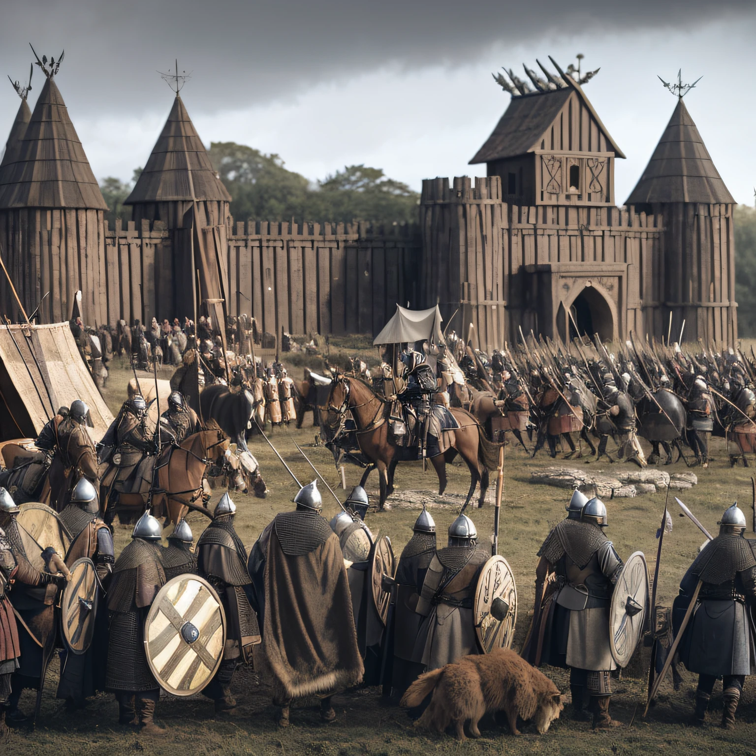 Image of a group of people in armor standing in a field, Directed by: Artur Tarnowski, an epic viking battle scene, Cidade Viking, cena!!, fortaleza de madeira da parede, Viking Palace, batalha de fantasia medieval, invading army background, Directed by: Darek Zabrocki, medieval village on the plains, batalha medieval, Directed by: Roman Bezpalkiv