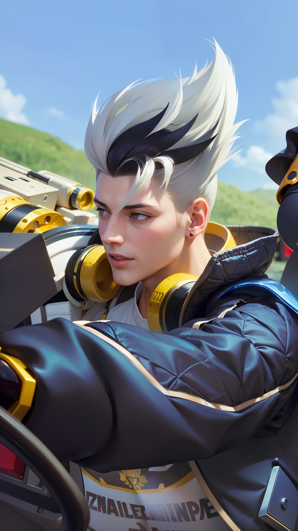 masculine male, masterpiece, ((perfect eyes)) best quality, (semirealism:1.9), beautiful lighting, (extremely detailed CG unity 4k fhd wallpaper), High Detail, Sharp focus, dramatic outdoors, 1 boy ,19 years old, white hair, light purpel eyes, smile.