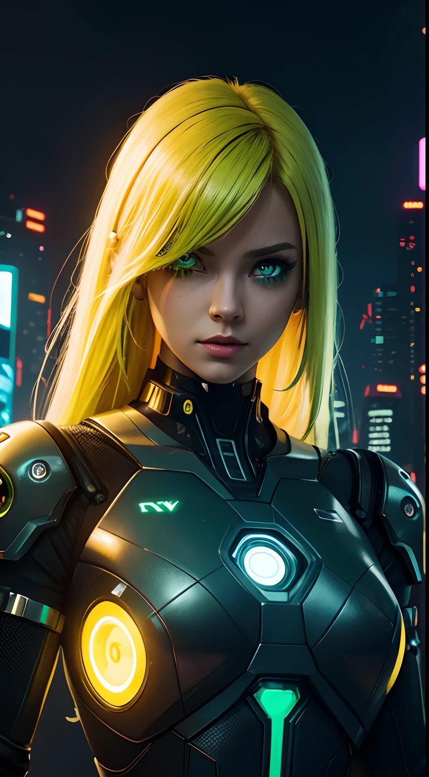 cyborg girl, robot hand, green eyes, cyberpunk city background, neon light, yellow hair, masterpiece, ultra high details