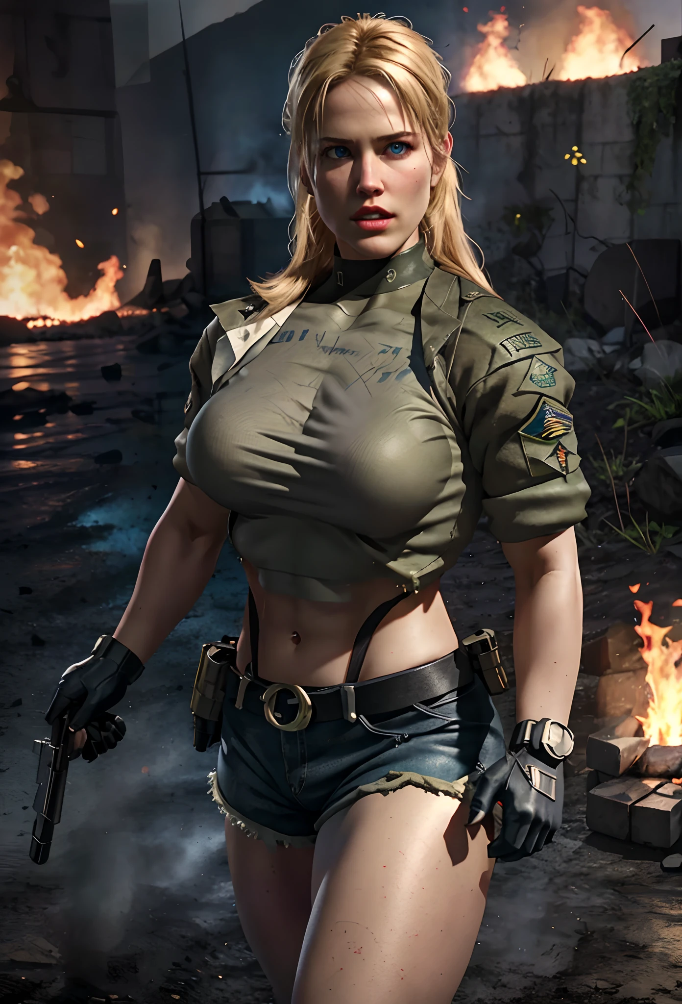 Sonya blade,dark blue eyes, massive perfect breast, muscular body, wearing military shorts,in battlefield, center of field,fire,blood, ray tracing cinematic shot, unreal engine 5 image, ultra realistic detailed, Nvidia GTX,