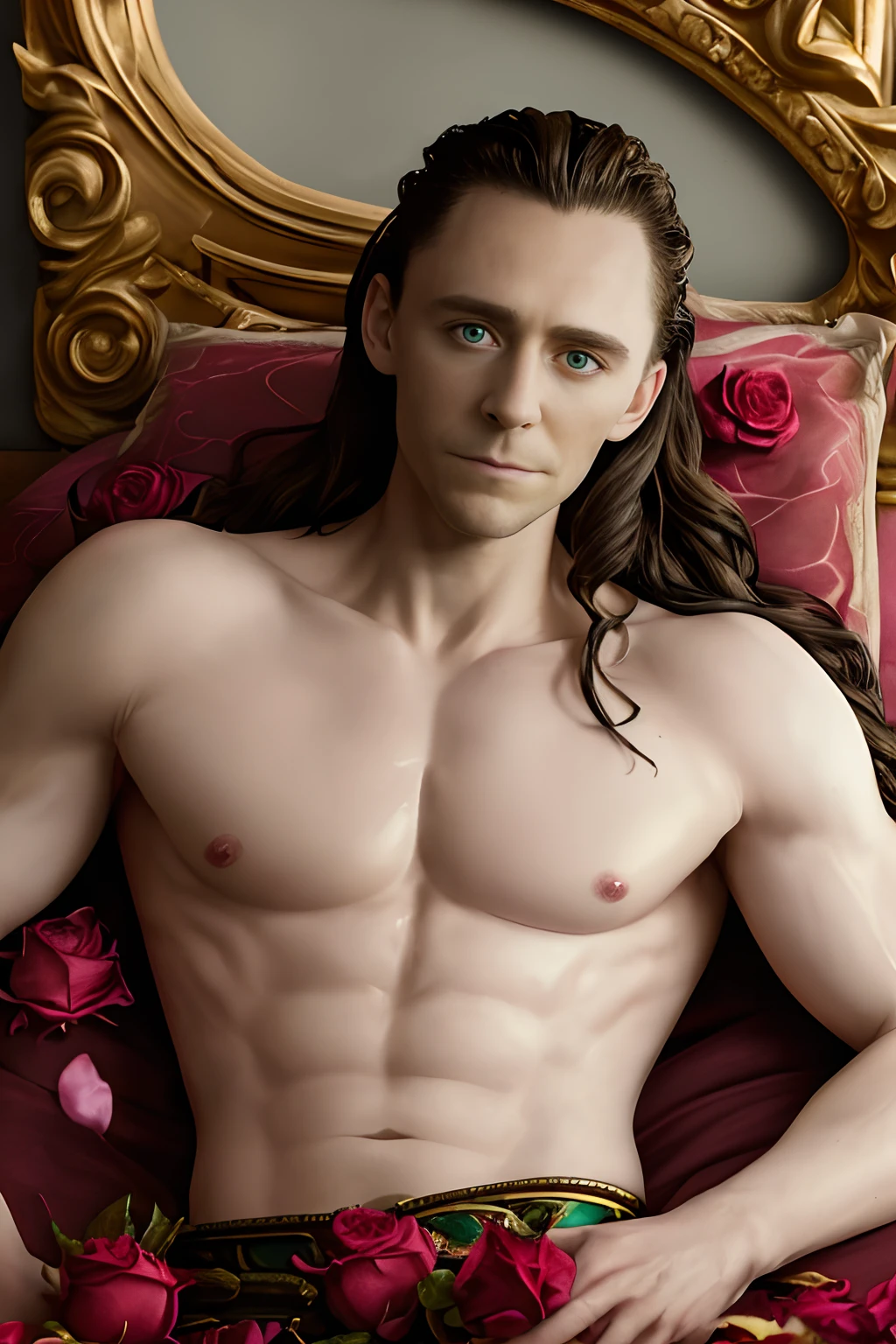 (best quality, highres, masterpiece:1.2), realistic, (HDR:1.1), detailed portrait, Tom Hiddleston as Loki, naked, (provocative:1.1), seductive expression, (intense:1.1) eye contact, (sensual:1.1) lips, (charming:1.1) smile, (statuesque:1.1) physique, (comfortable:1.1) bed, (intimate lighting:1.1), (rose petals:1.1) scattered on the bed, (fragrance:1.1) of roses, (pleasure:1.1), (ecstasy:1.1), (orgasmic:1.1) facial expression, (relaxed:1.1) posture, (sublime:1.1) surroundings.