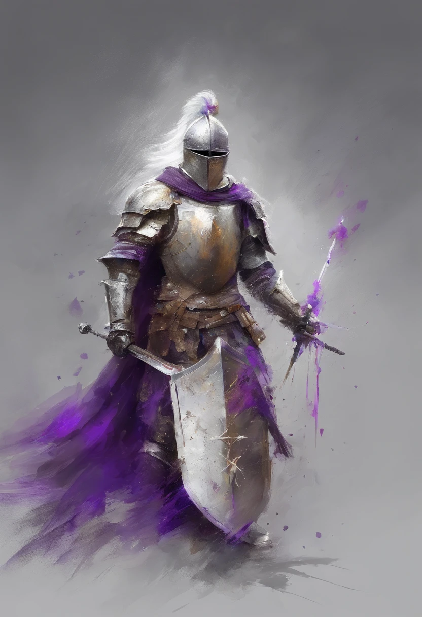 a drawing of a knight with a sword and shield in his hand, white and purple armor, warforged, knight, concept art of a warrior,fallen knight, wielding a sword and shield, armour merging with body, heavily armored, armored knight,Approaching perfection, Dynamic, Highly detailed, Smooth, Sharp Focus, 8K, hight resolution, Illustration, art by carne griffiths and wadim kashin, White background