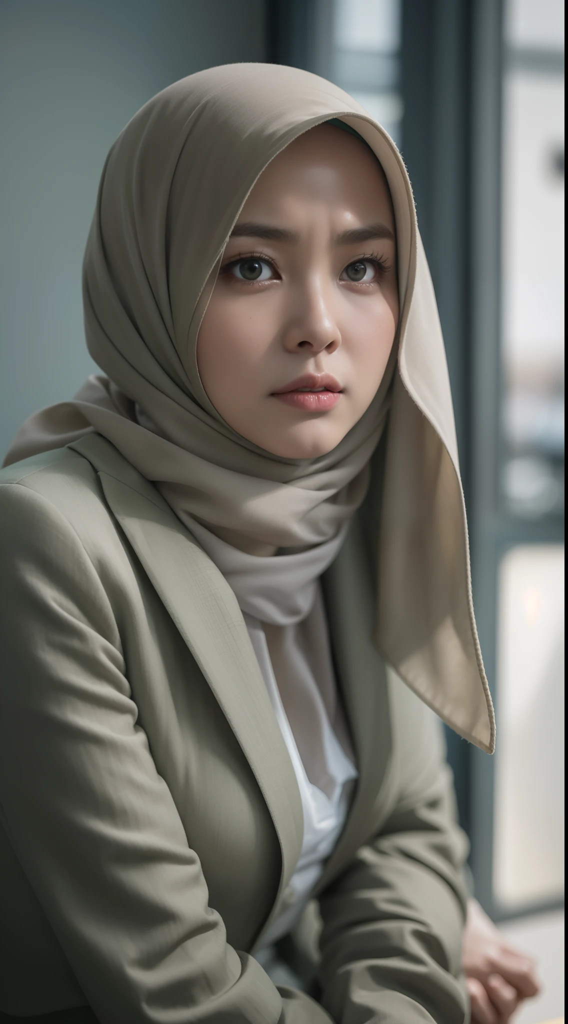 Beautiful fair skin matured malay girl in hijab seating in meeting room angry, 45 years old, milf, angry pose, angry face, meeting room, morning, wearing hijab, pastel color hijab, green office outfit, green suits, small tits, small breast, flat chest, wide waist, beer belly, thick thighs,Prores lense, Low angle shot, Desaturated color grading, rear projection, Tungsten light, Dynamic shadows, indie