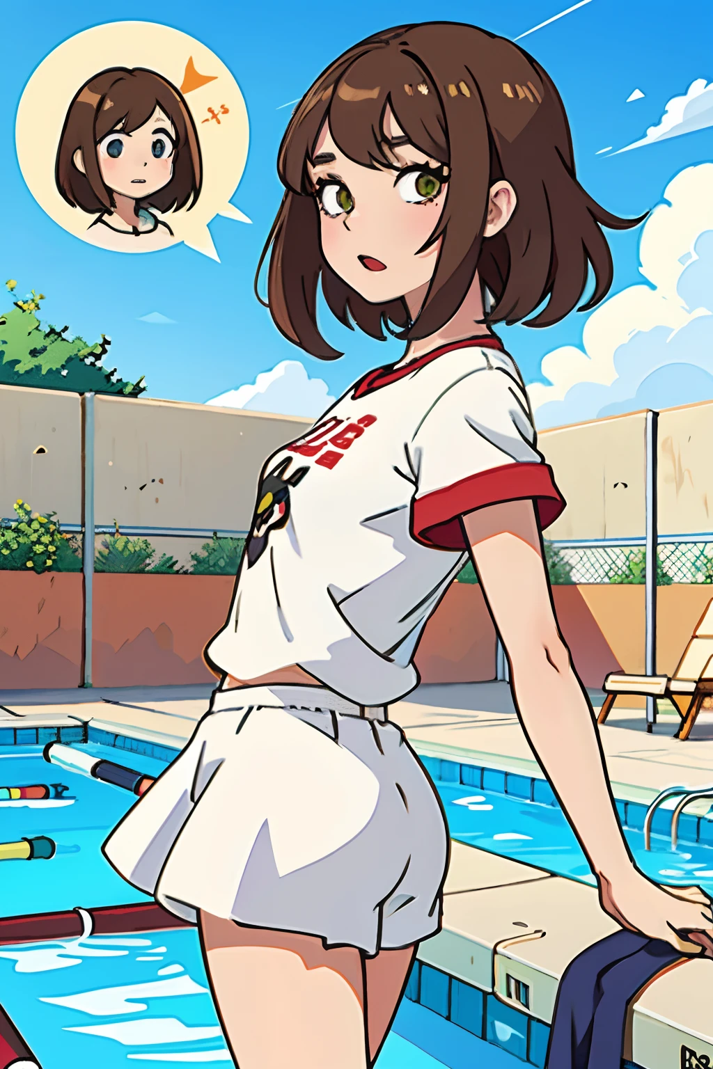 ,La mejor calidad ,pelo largo , Caucasian anime girl max caulfield ,ojos grandes , , brown hair , feliz , , piel suave, , ojos expresivos , , , Camiseta roja ,pollera corta , pool , back
