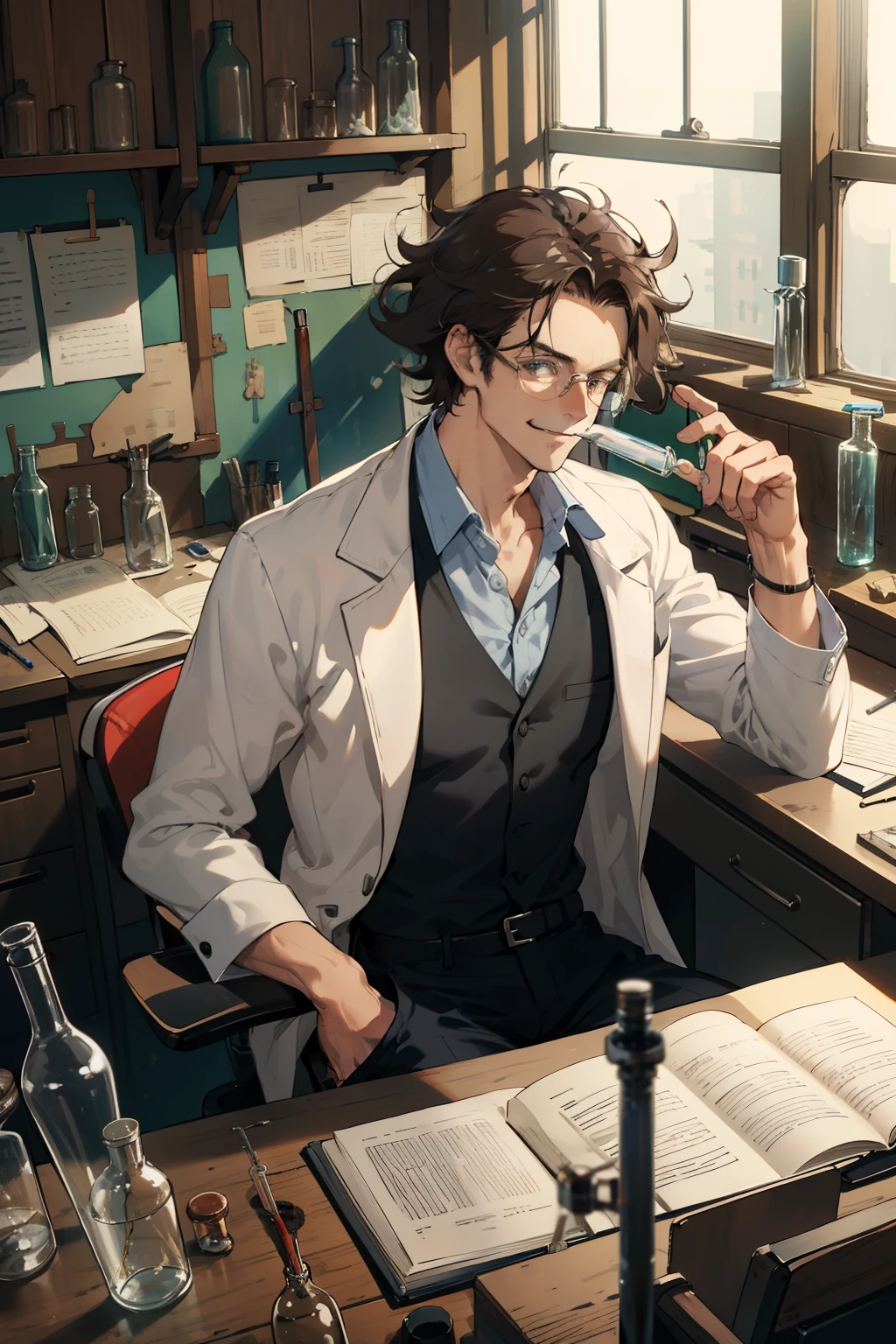 masterpiece, best quality, 1 male, adult, tall muscular, handsome, complicated laboratory, mad scientist, messy hair, forehead, glasses, wooden wall, desk full of junk, test tube, bottles, Window, sit on chair, hold test tube, evil smile, from side|from above