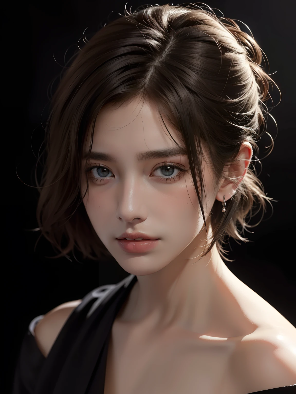 Best quality, masterpiece, ultra high res, (photorealistic:1.5), raw photo, 1girl, offshoulder, in the dark, deep shadow, low key, cold light, sexy look, short hair