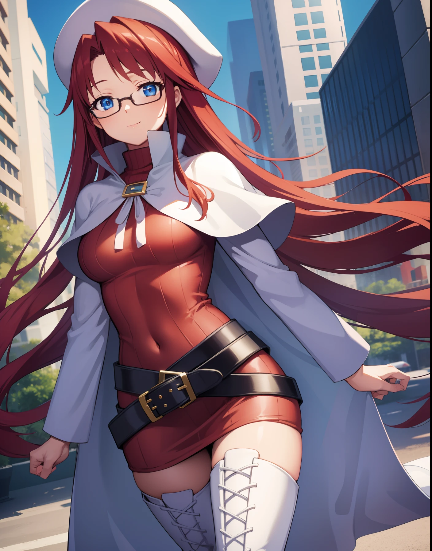 summonnightaty, aty, long hair, blue eyes, red hair, beret, hat, glasses,
BREAK long hair, thighhighs, hat, dress, boots, glasses, belt, cape, sweater, zettai ryouiki, beret, thigh boots, white footwear, ribbed sweater, loose belt,solo,
BREAK outdoors, fantasy_town,
BREAK (masterpiece:1.2), best quality, high resolution, unity 8k wallpaper, (illustration:0.8), (beautiful detailed eyes:1.6), extremely detailed face, perfect lighting, extremely detailed CG, (perfect hands, perfect anatomy),(covered_nipples:1.3),covered_navel,light_smile,dynamic_posing ,walking,(half_eyes:1.2),light_open_mouth,sword,armpit,sleepy,