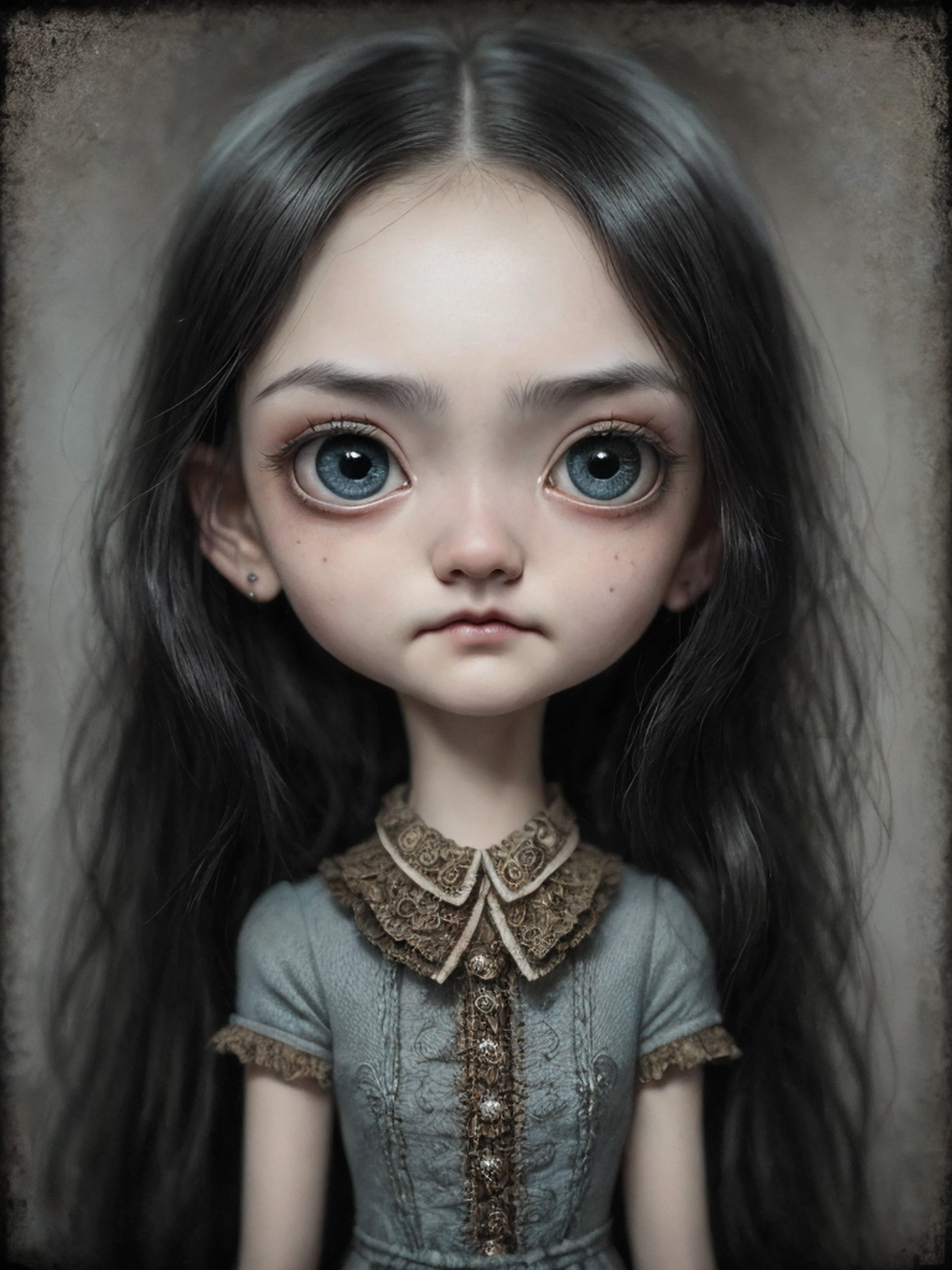 Un primer plano de una chica muy triste con el pelo largo (rubio) y los ojos grandes y azules, Anton Semenov, Mark Ryden muy detallado, Estilo Mark Ryden, Mark Ryden en el estilo de, Estilo de Mark Ryden, inspirado por Mark Ryden, Naoto Hattori, Adorable pintura digital, cara linda. DarkFantasy, Estilo Wlop Loish y Clamp