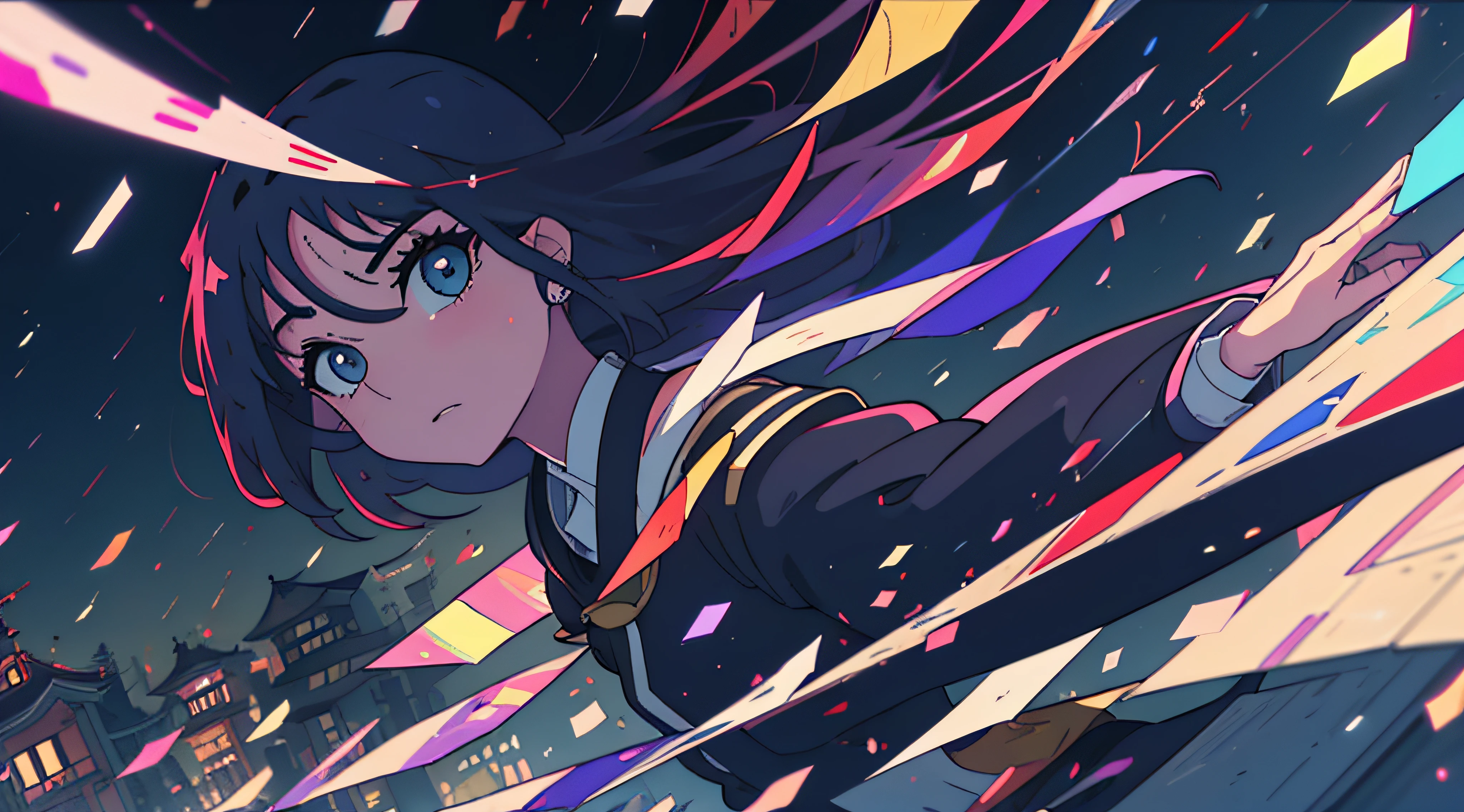 (master part,8k,Ultra-high-quality HDR, rua, Chuva, particles in the air )1 jovem anime na regata preta, cabelos pretos, olhos azuis, seios, em uma rua da cidade do japonesa noite, placas de publicidade ao fundo, Digital anime illustration, Estilo anime. 8k, Estilo anime 4K