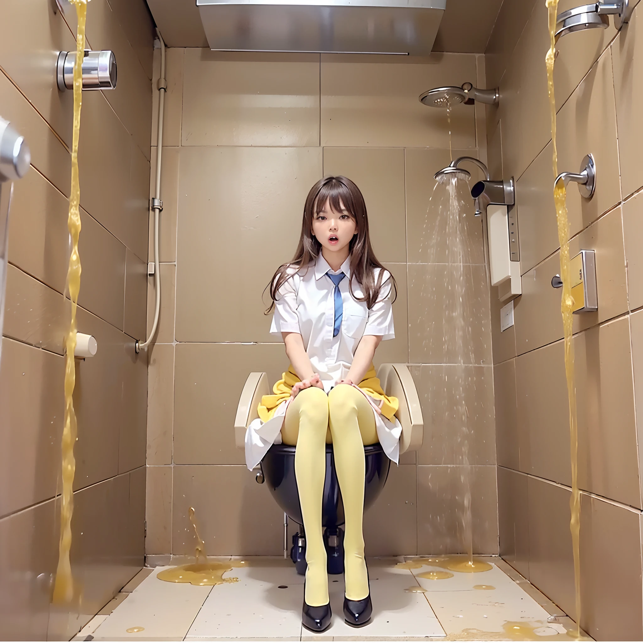 Beige pantyhose、nffsw、High  Girl Cosplay、(((pissing)))、(((((pee)))))、Straddling a Japanese-style toilet、((((Opening legs))))、((Scene in the middle of releasing urine))、(((Beautiful urine)))、big clit