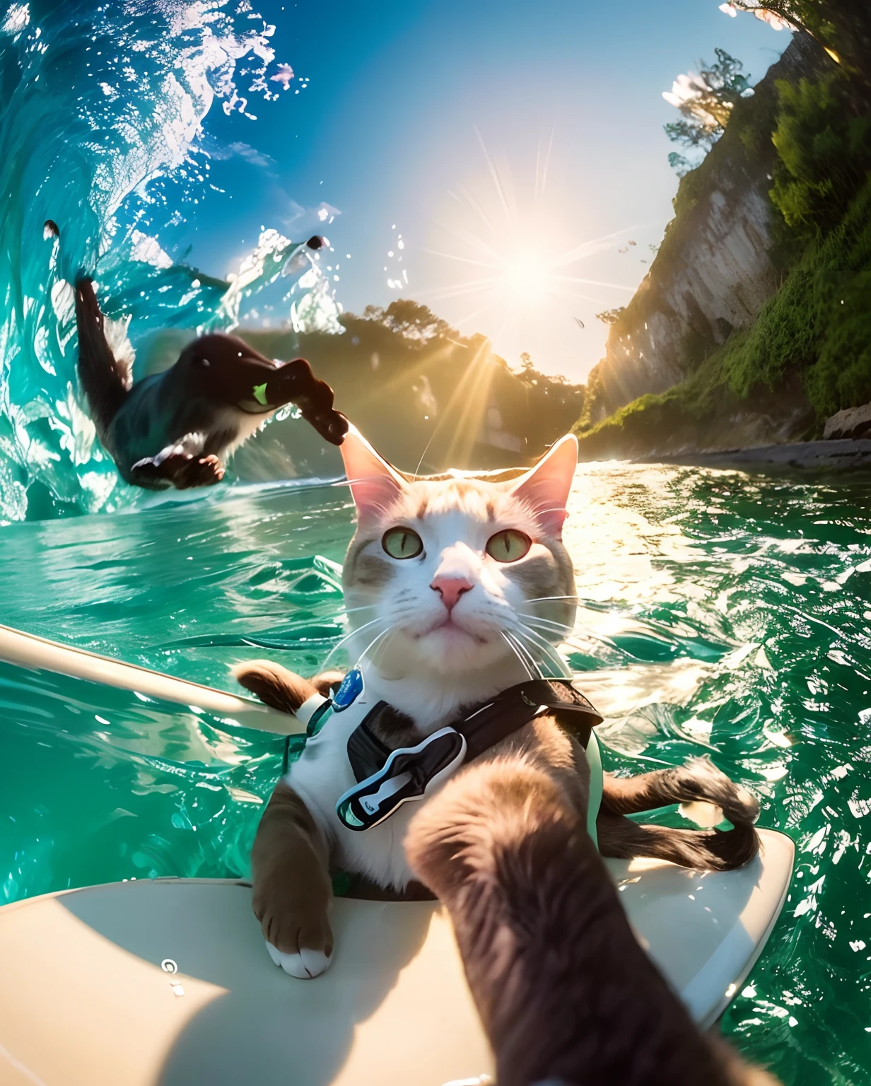 There's a cat that's sitting on a surfboard in the water, acidentalmente tirando uma Selfie, gato preto tirando aquela bela Selfie da  natureza da cachoeiras, towards the camera.