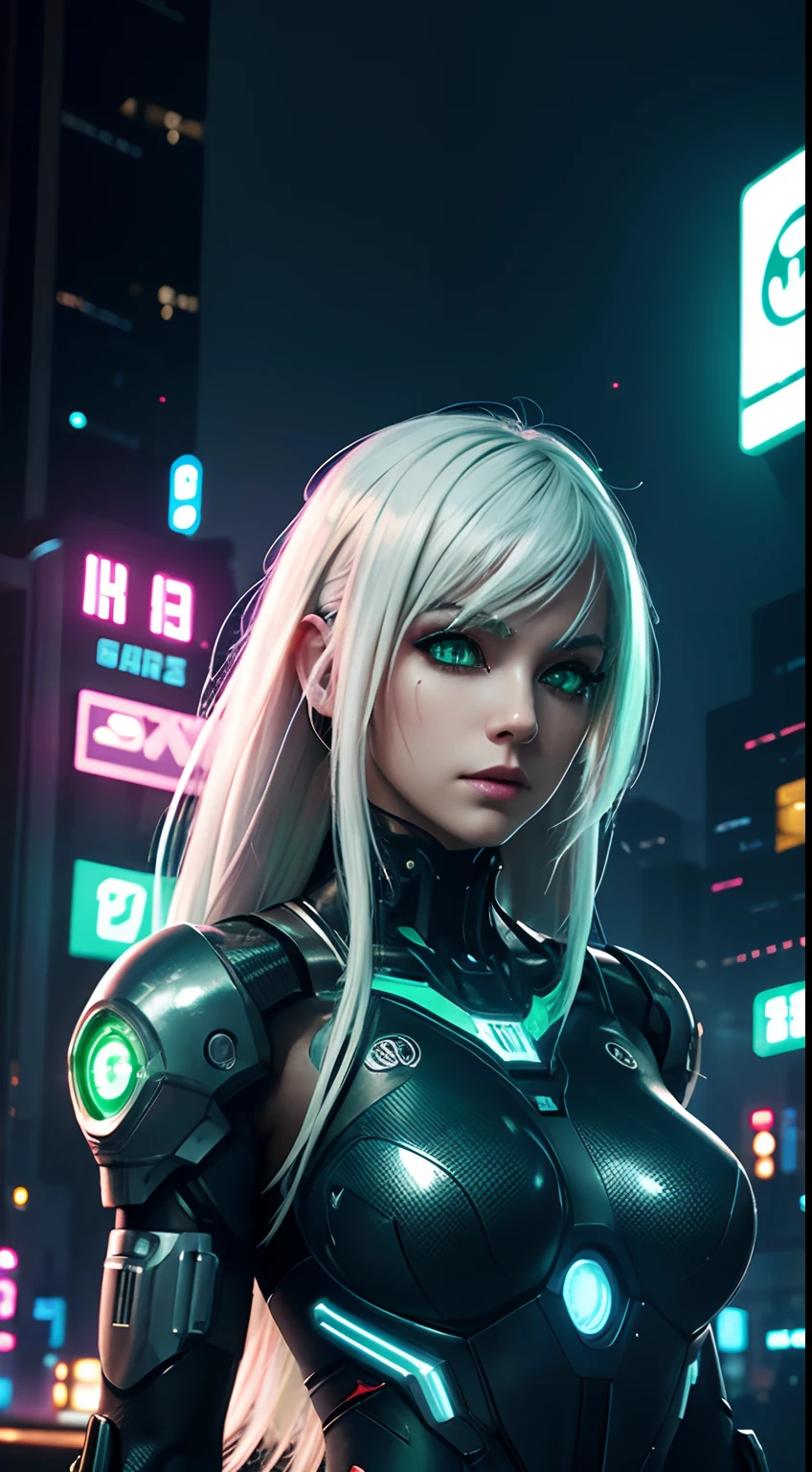 cyborg girl, robot hand, green eyes, cyberpunk city background, neon light, white hair, masterpiece, ultra high details