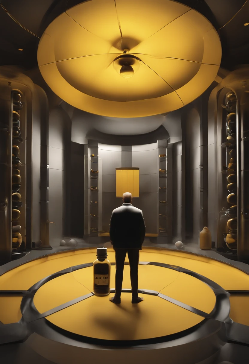 Create an image in the style of Pixar/Disney movie poster with a main character ressembling a medicine pill yellow and black. The scene is set inside a cell. The main character is charismatic and has a determined facial expression, is positioned at the center of the image and is preventing a molecule from attaching to a receptor within the cell. Additionally, creatively emphasize the title 'UPA' within the scene, making it the focal point of the image