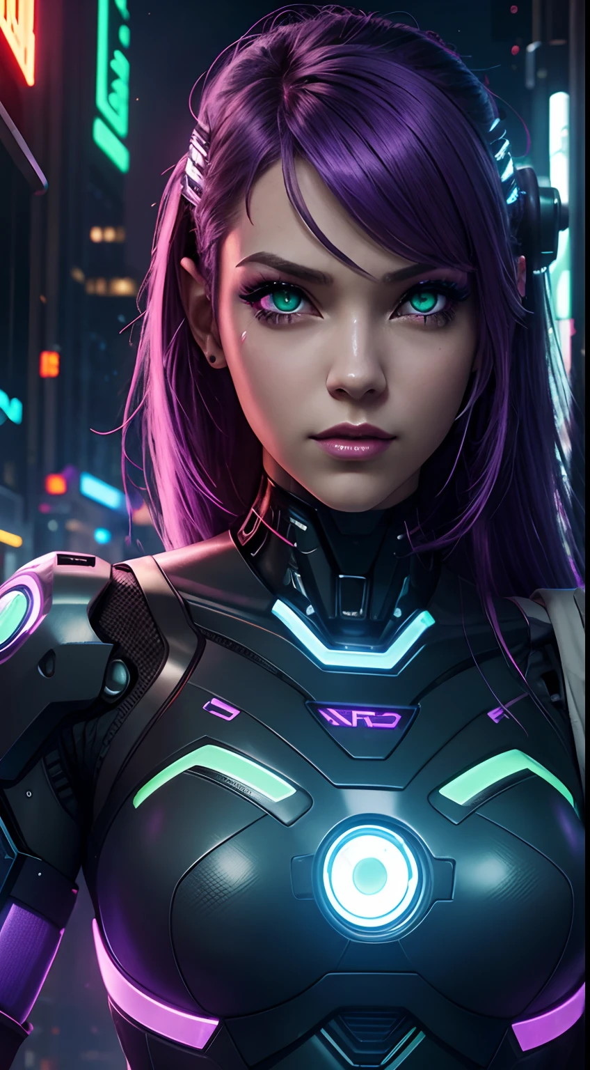 cyborg girl, robot hand, green eyes, cyberpunk city background, neon light, purple hair, masterpiece, ultra high details