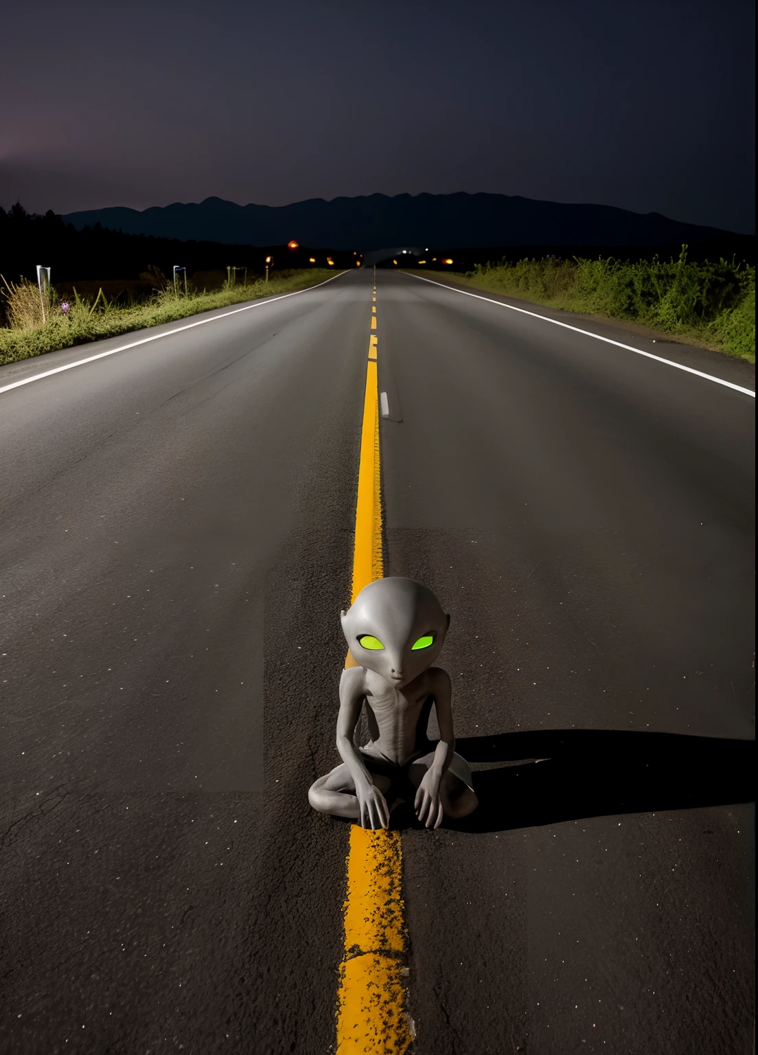 Gray alien hiding on road at night