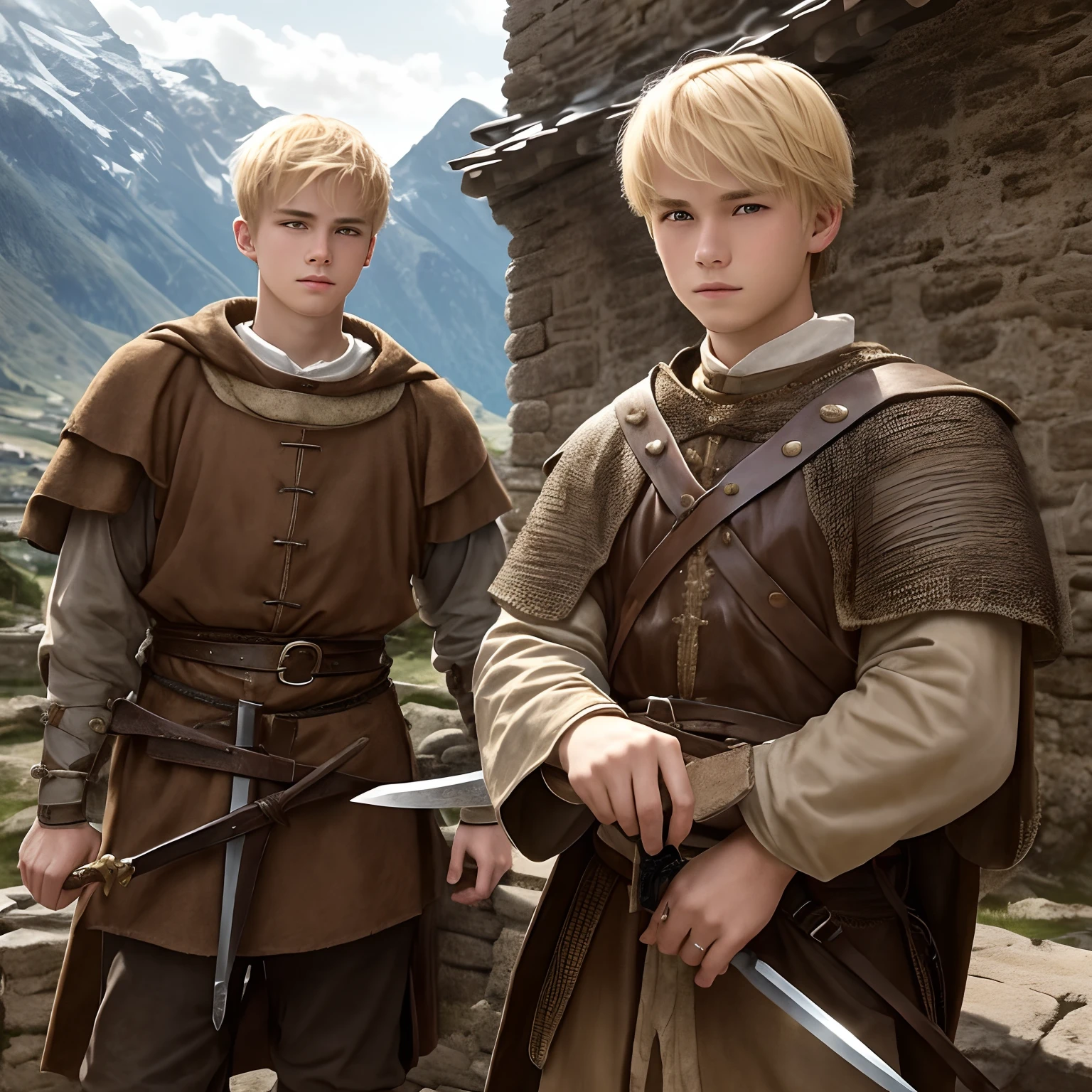 Blonde 19-year-old boy in medieval Europe、Embark on a journey、Rugged mountains々、Holding a dagger knife