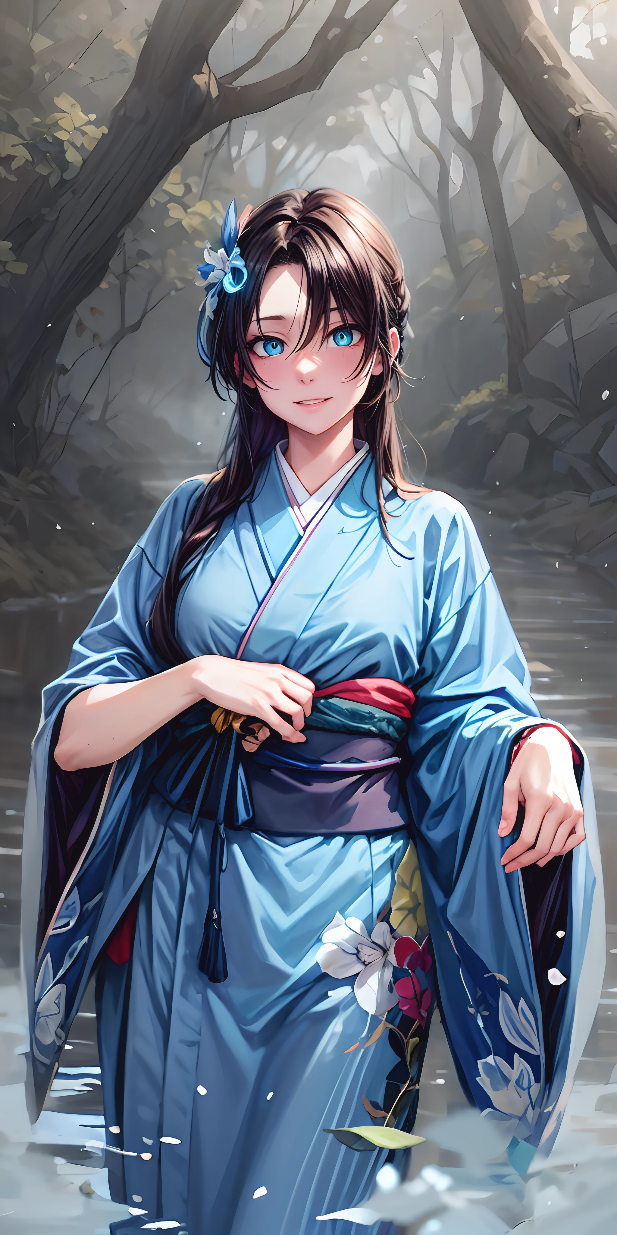 sweating, glowing eyes, heavy breathing, female focus, tree, japanese_clothes, solo, hakama, outdoors, 1girl, looking_at_viewer, standing, nature, kimono, blurry, long_sleeves, aqua themes, lips, "long shot scenic professional photograph of {prompt}, perfect viewpoint, highly detailed, wide-angle lens, hyper realistic, with dramatic sky, polarizing filter, natural lighting, vivid colors, everything in sharp focus, HDR, UHD, 64K", anime coloring, anime screencap, sweating, steaming body, fog, hair ornament,