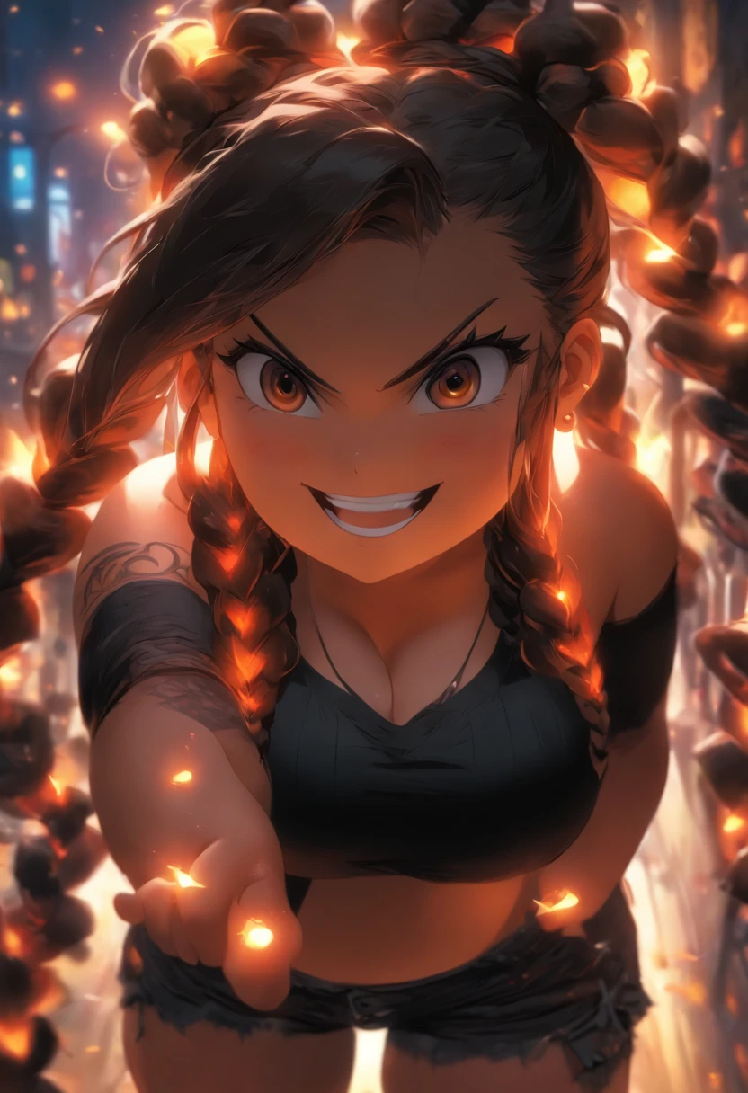 chubby, girl, brown glowing eyes, long dark brown hair, (Two French plaits), thick thighs, (wearing shorts), (dressed in black) large boobs, cleavage showing, cute smile, thicc, big belly, no tattoos