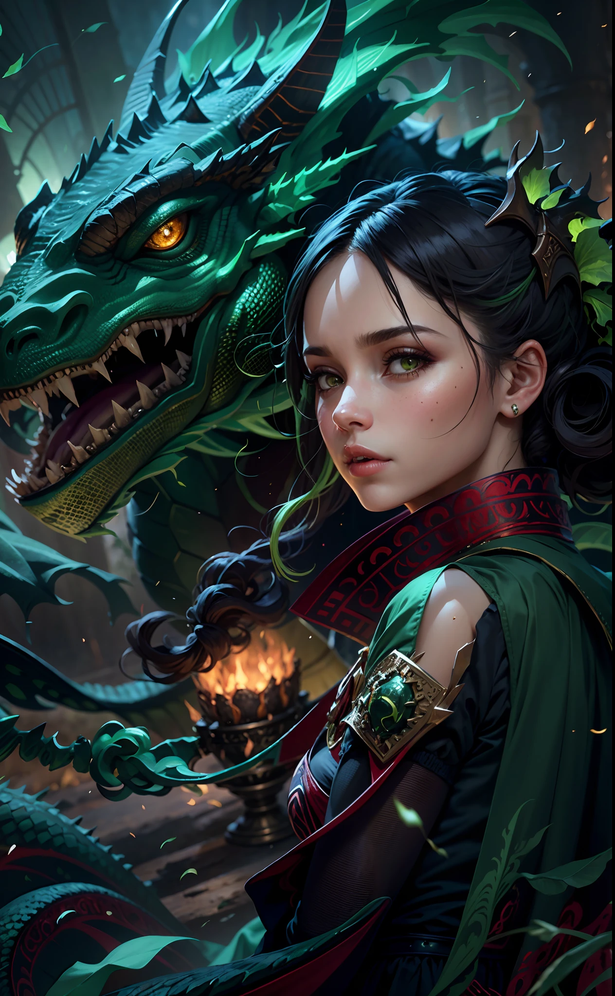A closeup of a woman with a dragon on her head, Garota de olhos verdes, cabelo cacheado, garota bonita, lugar sombrio, Dragoned, Dark Dragon, Dark Dragon, arte de fantasia hiperrealista, retrato da fantasia, garota de cabelo vermelho, cabelo vermelho