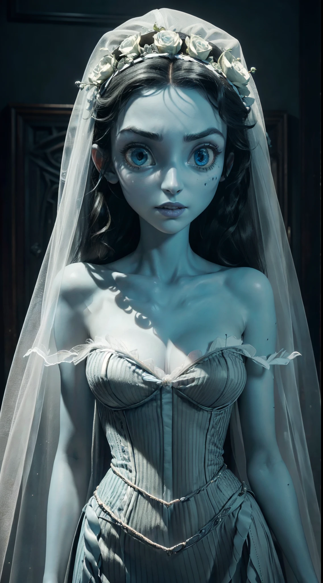(((front view))), ((Unreal Engine 5)), ((Masterpiece)), ((ultra high definition)), ((ultra high resolution)), ((full sharpness)), ((maximum quality)), ((Cinematic)), ((8k)), ((Tim Burton's Corpse Bride)), ((completely identical to the film)), ((completely faithful to the film)), ((alone)), ((full body)), ((ultra detailed face)), ((natural lighting)), ((totally ultra realistic)), ((repeat the same face)), ((always the same face)), ((repeat always the same face)), ((always the same body)), ((always the same proportions)), ((always the same clothes)), ((looking at the camera))