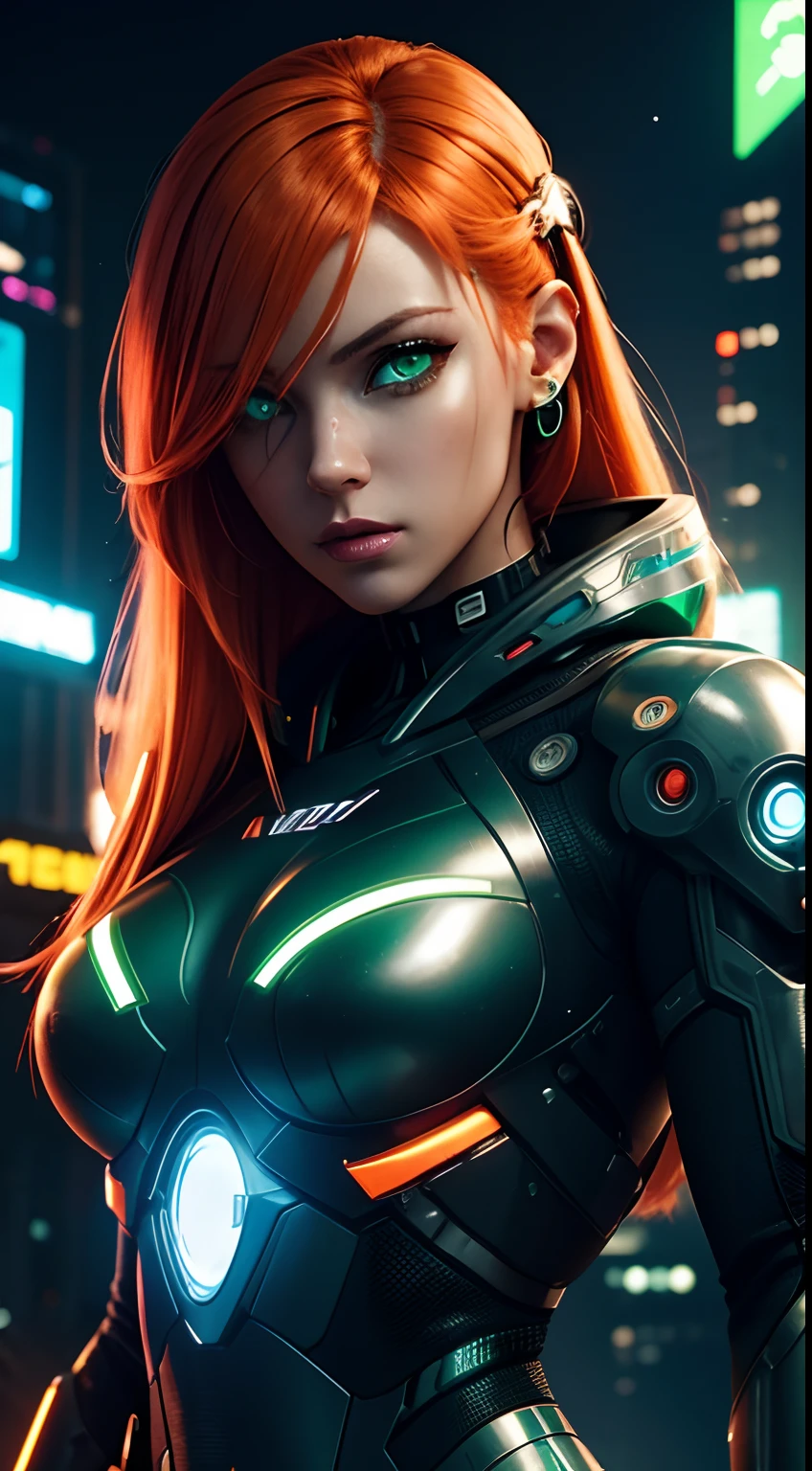 cyborg girl, robot hand, green eyes, cyberpunk city background, neon light, orange hair, masterpiece, ultra high details