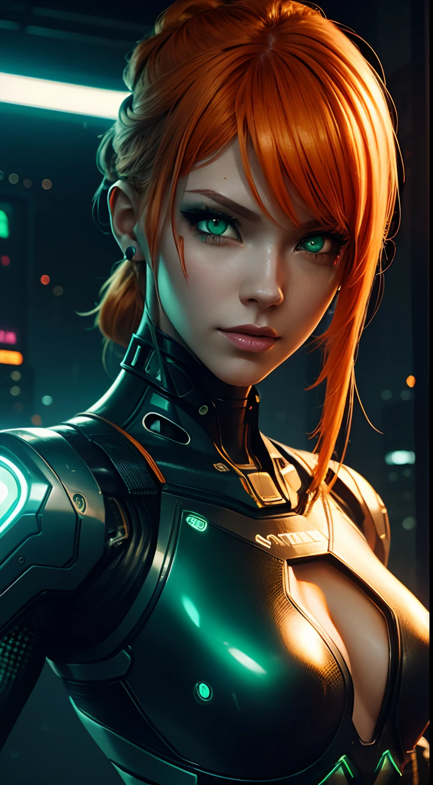 cyborg girl, robot hand, green eyes, cyberpunk city background, neon light, orange hair, masterpiece, ultra high details