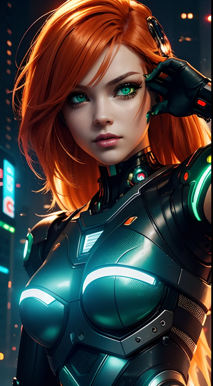 photo of Poison Ivy (sexy, big boobs) red hair, from DC, biomechanical, complex robot, full growth, hyperrealistic, insane small details, extremely clean lines, cyberpunk aesthetic, masterpiece featured at Zbrush Central
