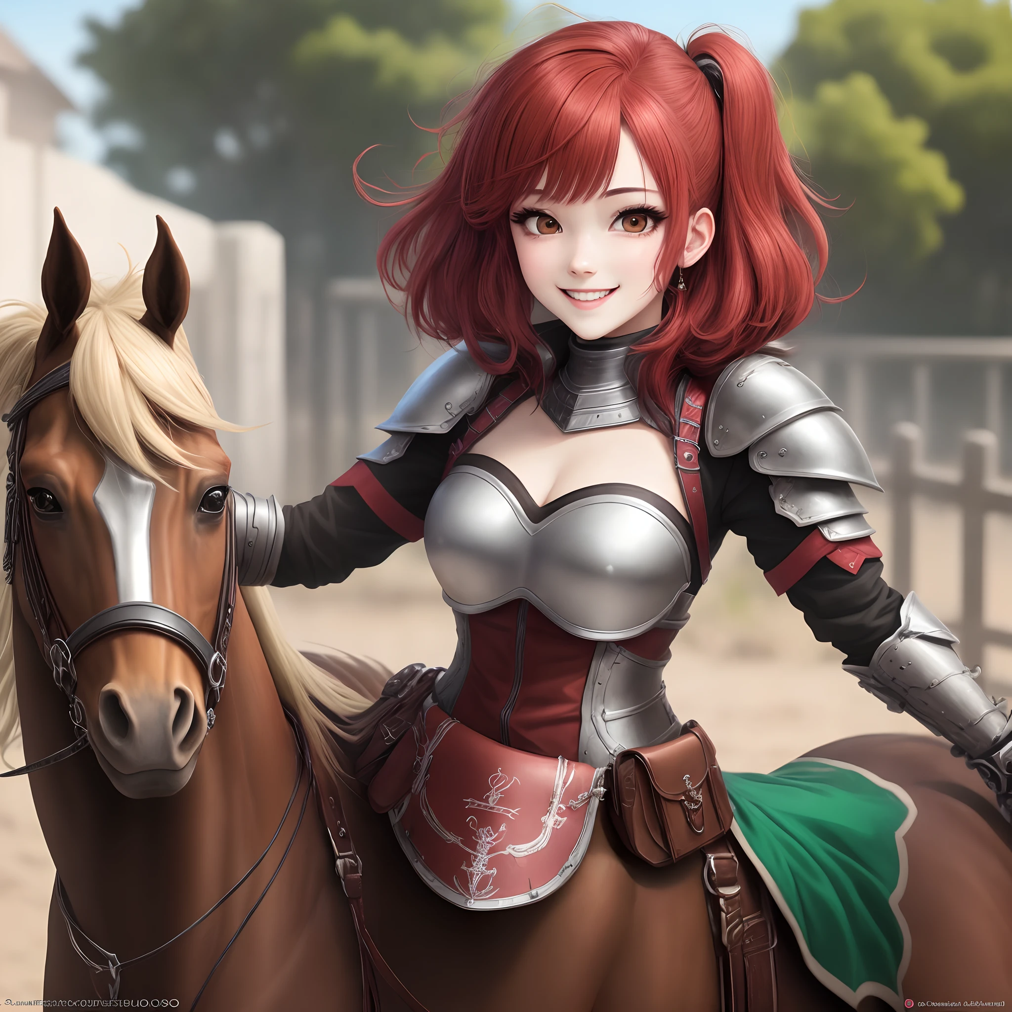 Chica anime de cabello rojo atado a una cola de caballo con ojos verdes y con una armadura sencilla y con una bella sonrisa