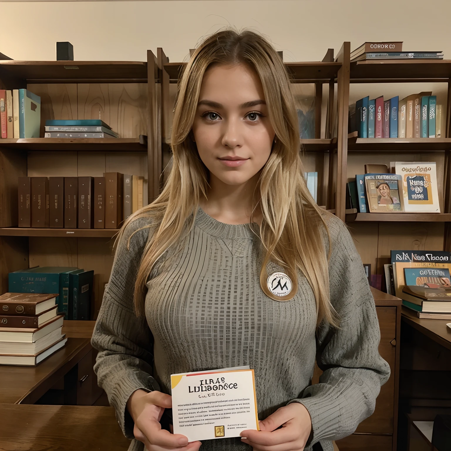 Instagram profile picture of a blonde girl with libraries behind her, filled with novelty books and a logo on the photo that mentions the name "Between 2 Pages"