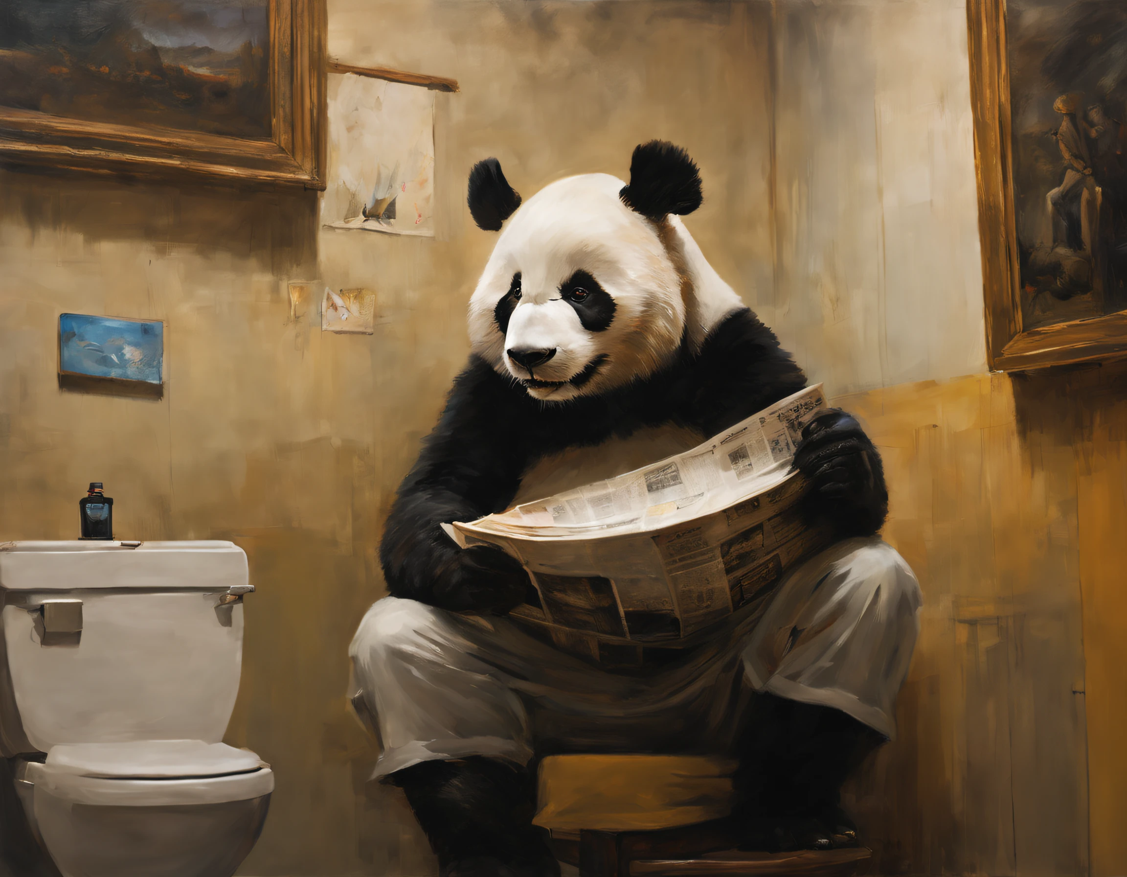 background - rough canvas, relief, oil painting, thin smooth lines, long strokes, light delicate shades, clear contours. + cinema quality 36.5 mm f0, + style: Jeremy Mann, Peter Elson, Alex Maleev, Ryohei Hase, Raphael Sanzio, Pino Daeni, Charlie Bowater, Albert Joseph Penaud, Ray Caesar, HR Giger, Gustave Dore, Stephen Gammell, a masterpiece , Panda sits on the toilet and reads the newspaper, artistic portrait, multi-layer sheets, techniques used: sfumato, chiaroscuro, atmospheric perspective, acrylic painting, trends on pixiv fanbox, brush and palette knife strokes, makoto shinkai style Jamie Wyeth James Gillard Edward Hopper Greg Rutkowski studio Ghibli genshin Impact, painting