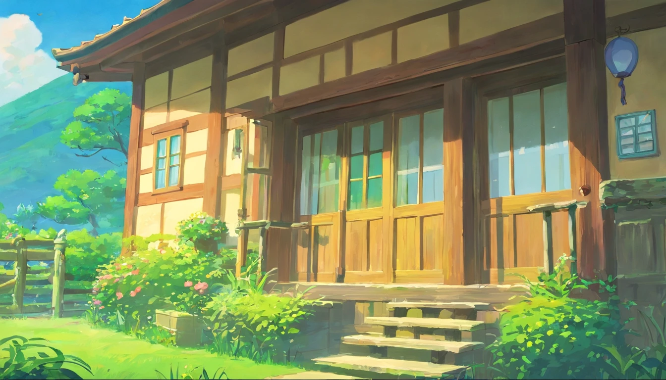 Outside a wooden house，Very broad，There is a window，Outside the window are trees and birds，broad，and harmonious，big breasts beautiful，grassy fields